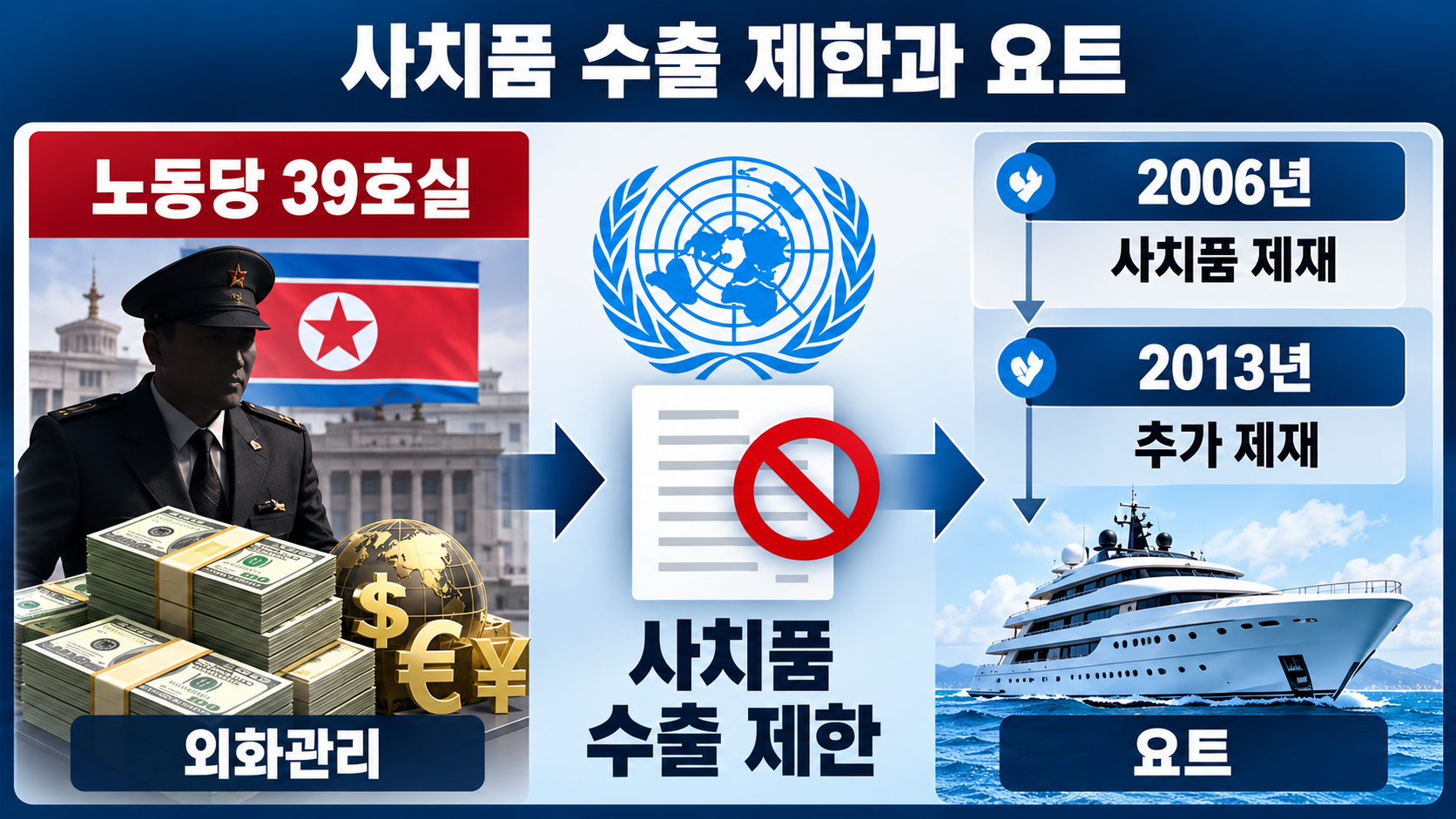 북한 노동당 39호실의 외화관리 역할과 유엔 대북제재의 사치품 제한을 구분해 보여주는 설명형 인포그래픽
