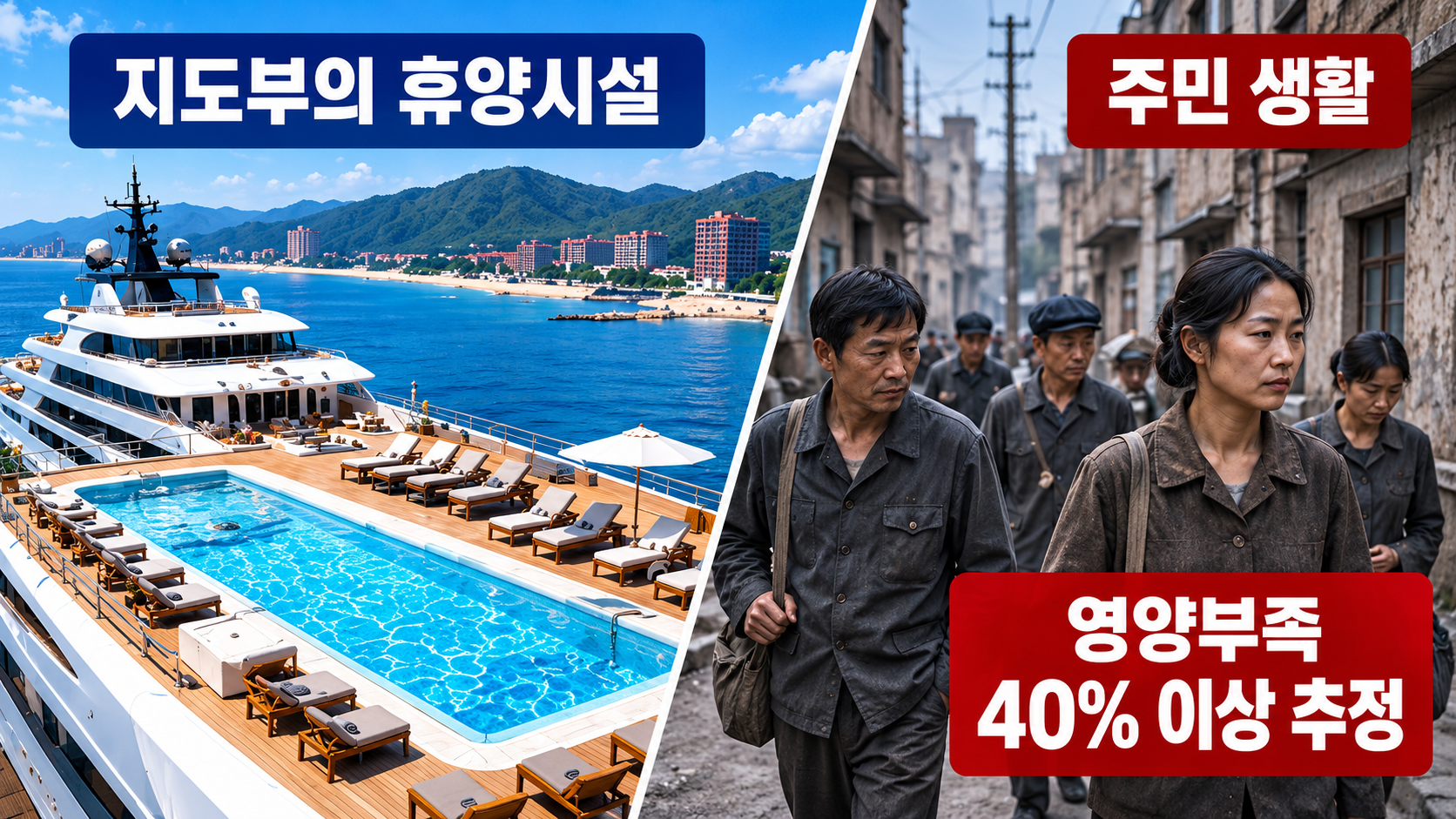 북한 최고지도층의 대형 해상 휴양시설과 식량 부족 및 이동 제약을 겪는 일반 주민의 생활환경 차이를 상징적으로 비교한 일러스트