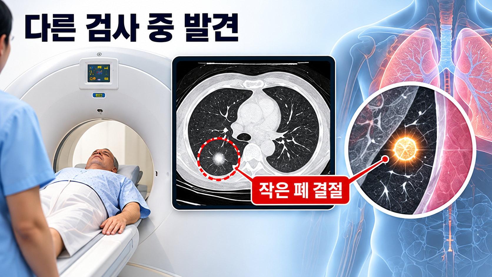 다른 부위의 영상검사에서 폐 아래쪽 결절이 우연히 발견되는 원리를 보여주는 의료 영상 개념도