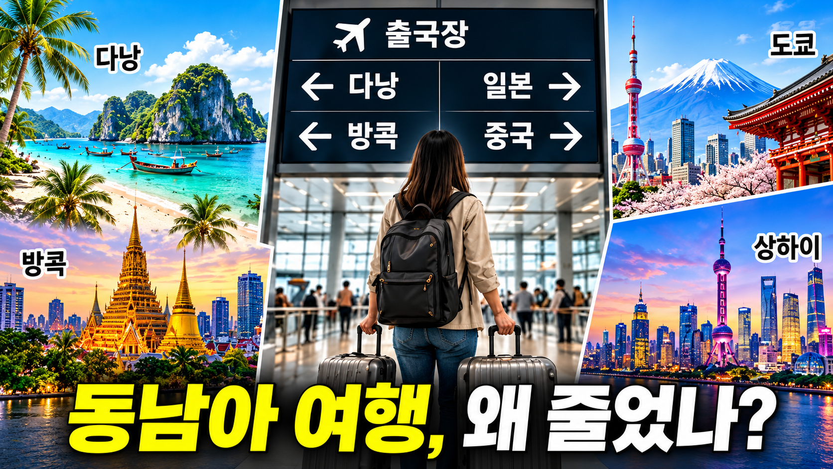 동남아 휴양지인 베트남 다낭과 태국에서 일본·중국으로 이동하는 한국인 해외여행 수요 변화를 표현한 일러스트