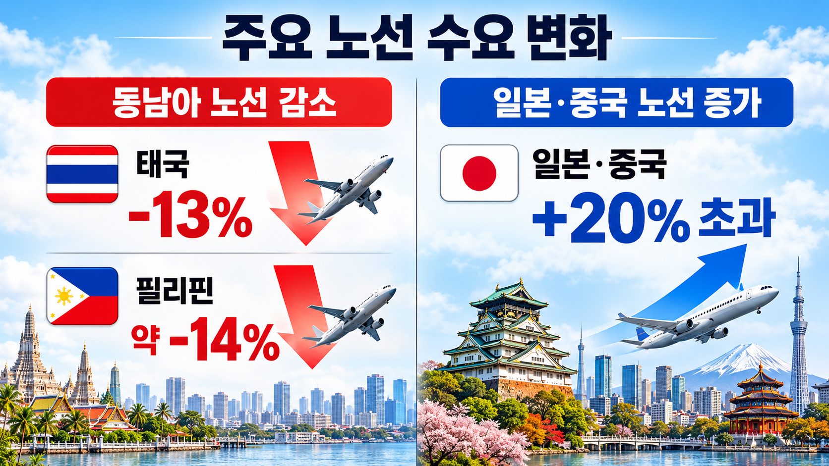 2026년 채널A 보도에서 제시한 태국·필리핀 노선 여객 감소와 일본·중국 노선 여객 증가를 비교한 인포그래픽
