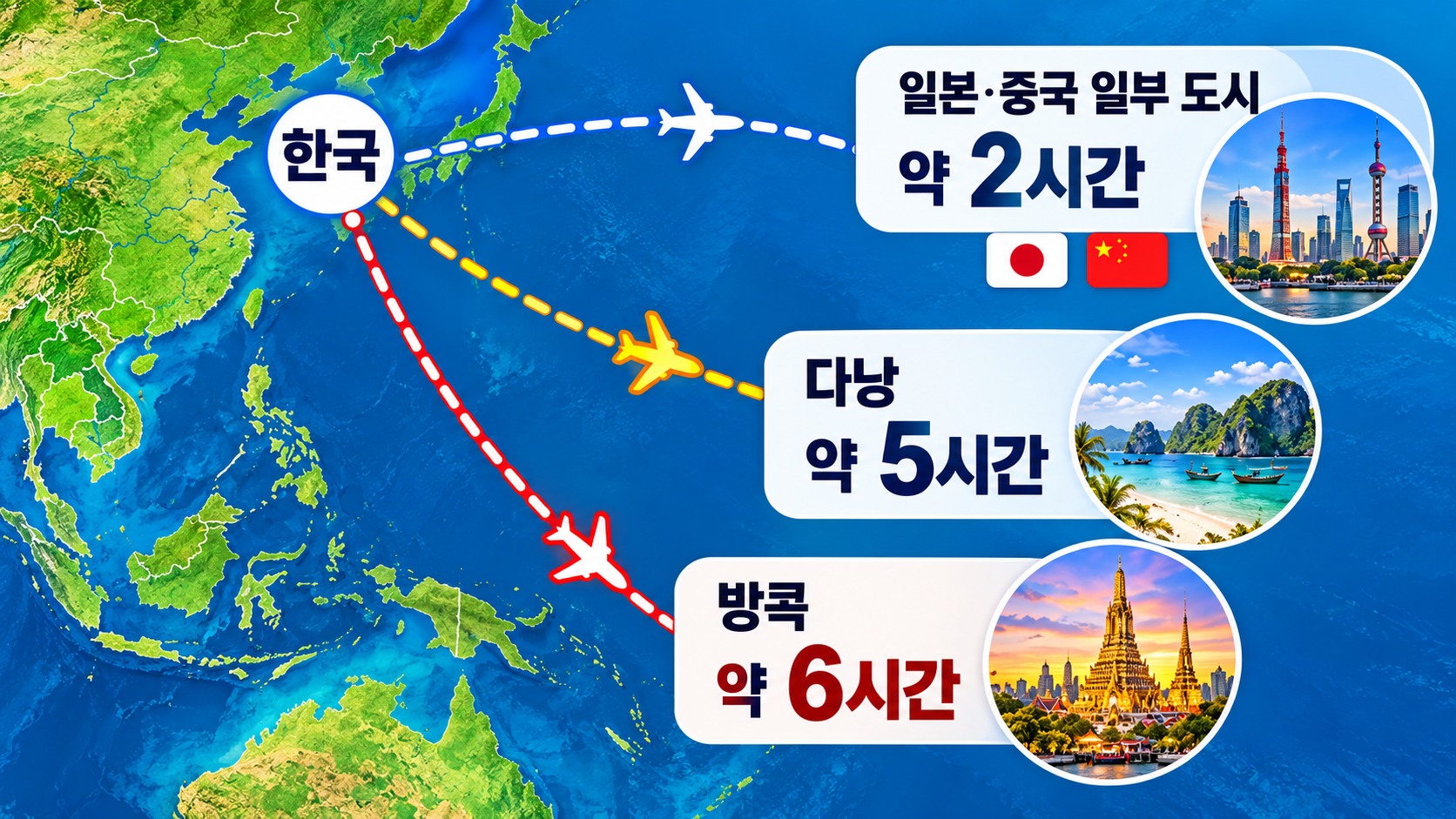 한국에서 일본·중국 주요 도시와 베트남 다낭·태국 방콕까지 이동하는 대표적인 항공 소요시간을 비교한 지도형 인포그래픽