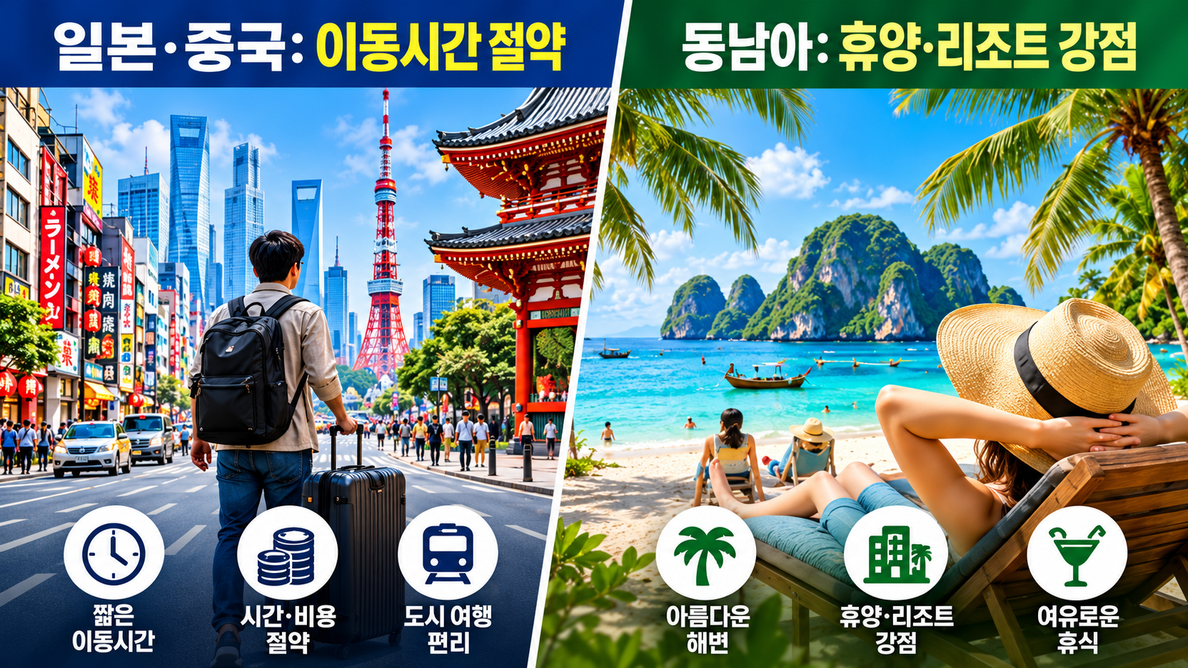 일본·중국 단거리 여행과 동남아 휴양여행을 항공 이동시간, 현지 비용, 여행 방식 측면에서 비교한 인포그래픽