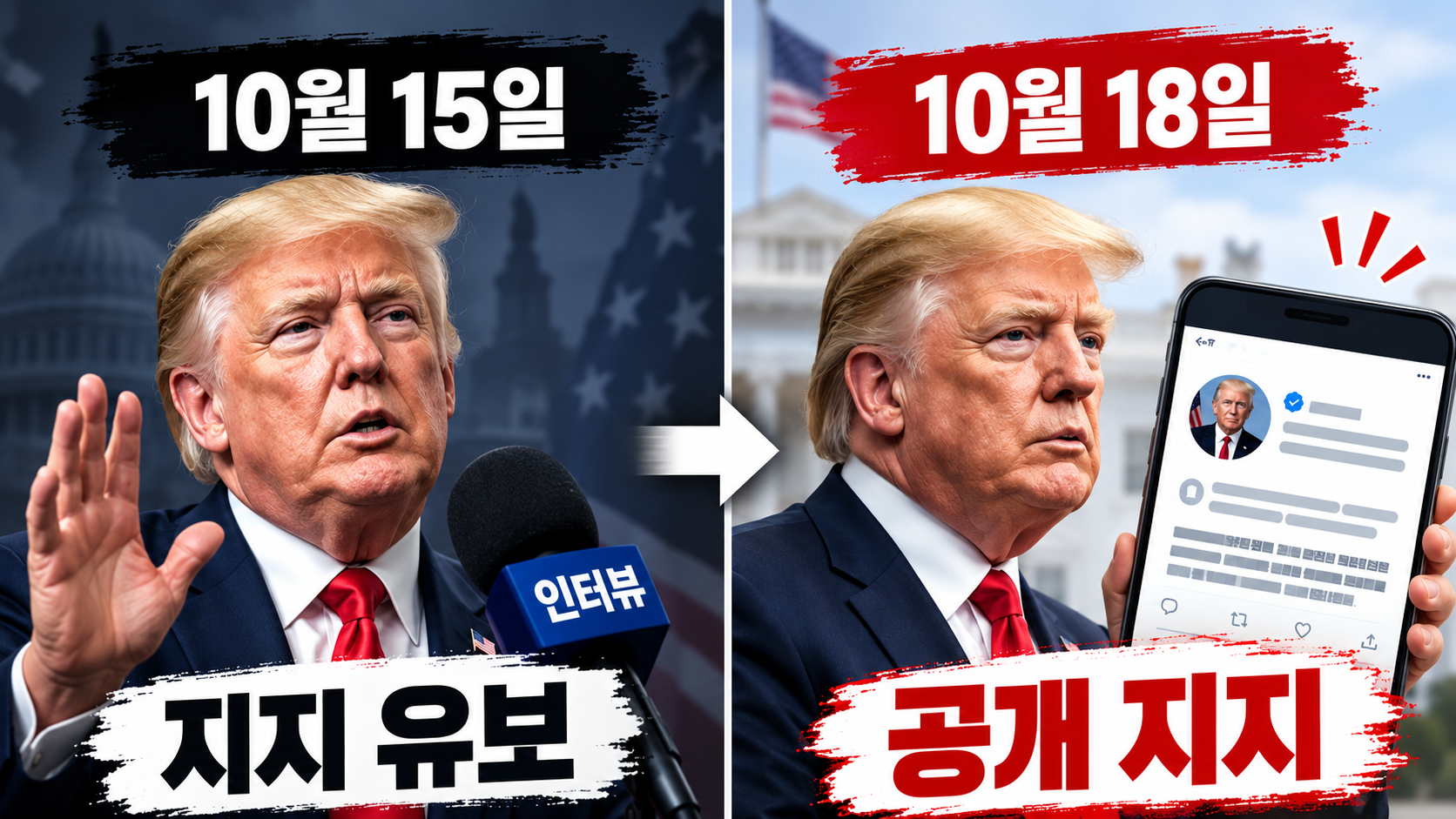 트럼프가 10월 15일 네타냐후 지지를 유보했다가 10월 18일 공개 지지로 입장을 바꾼 과정을 비교한 인포그래픽