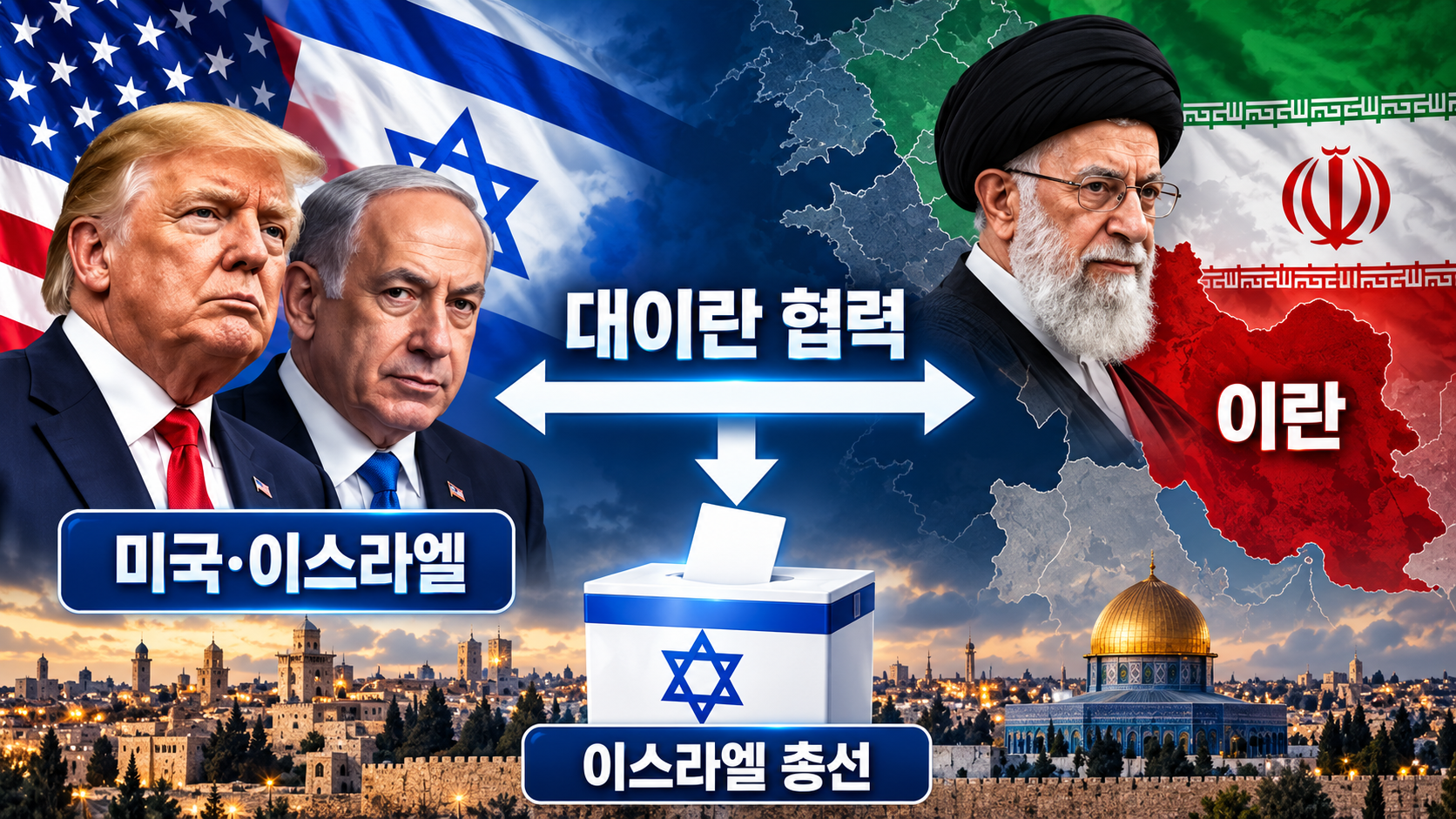 미국과 이스라엘의 대이란 군사협력 관계 및 트럼프의 네타냐후 지지 선언을 연결한 국제관계 인포그래픽