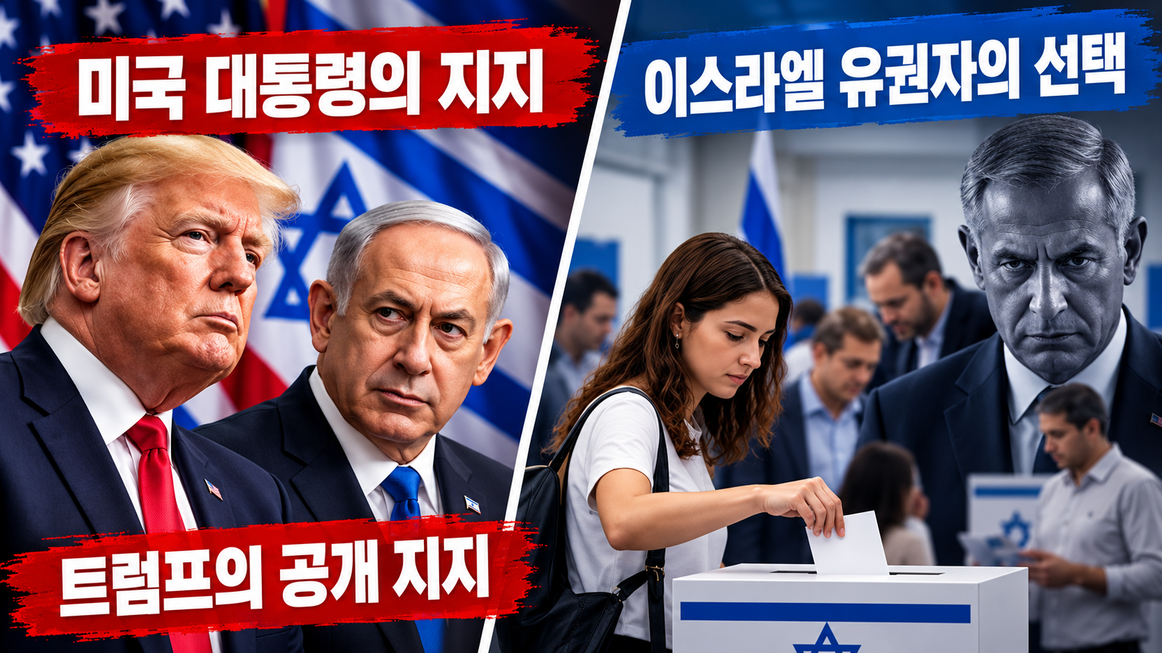 트럼프의 네타냐후 지지 선언을 놓고 이스라엘 여권과 야권이 서로 다른 반응을 보이는 상황을 설명하는 일러스트