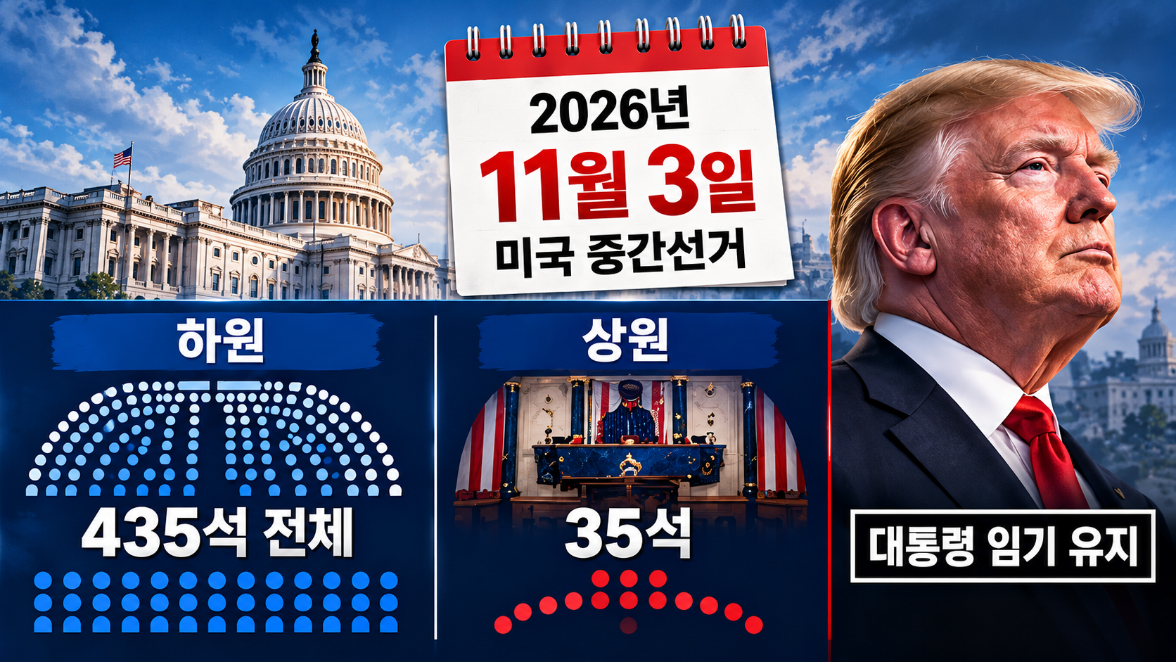 미국 중간선거에서 하원 435석 전체와 상원 35석을 선출하는 구조를 비교한 인포그래픽