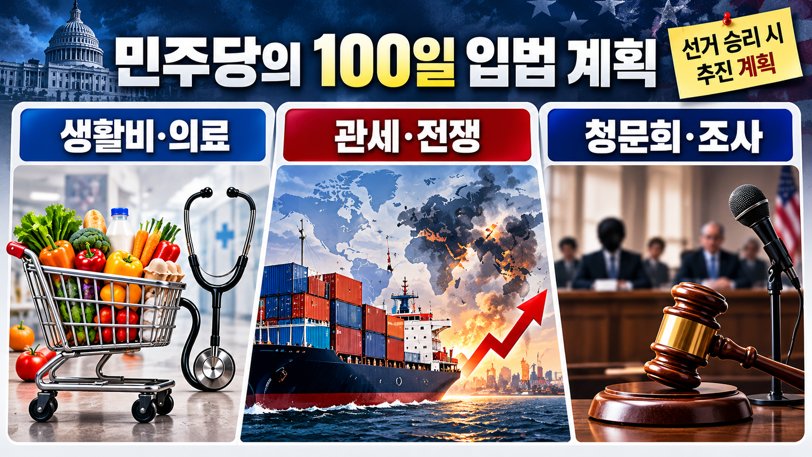 민주당이 하원을 탈환할 경우 추진하려는 의료비·생활비·관세·이란 전쟁·의회 조사 계획을 정리한 인포그래픽