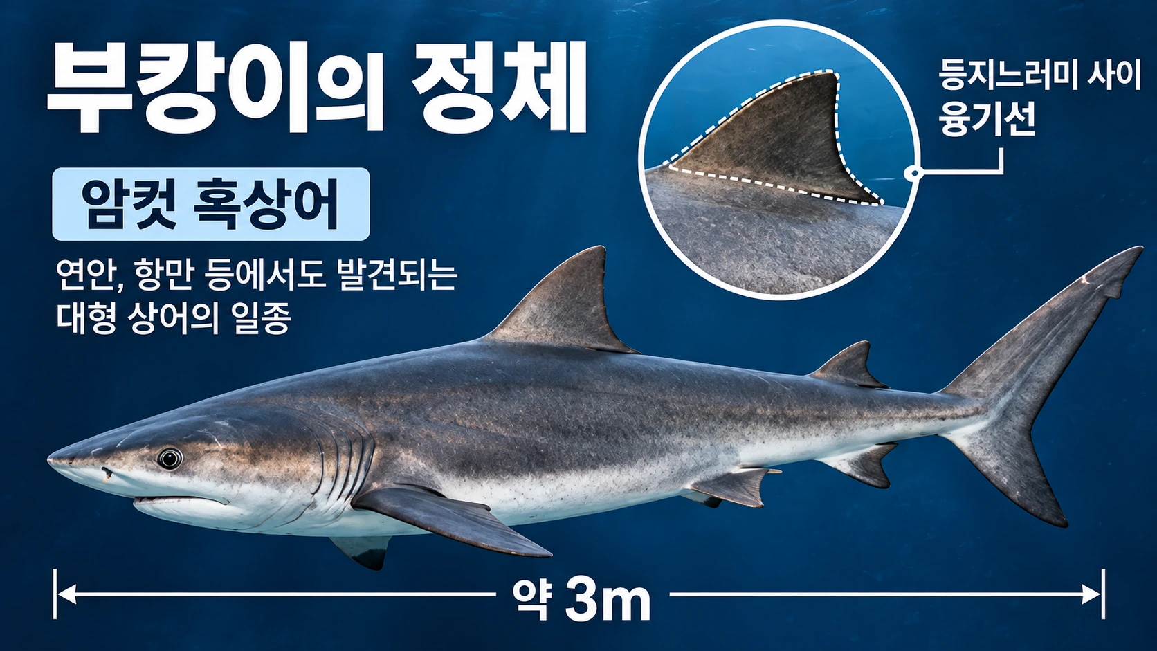 흑상어 부캉이의 체형과 등지느러미 사이 융기선 등 특징을 설명한 생물학적 인포그래픽