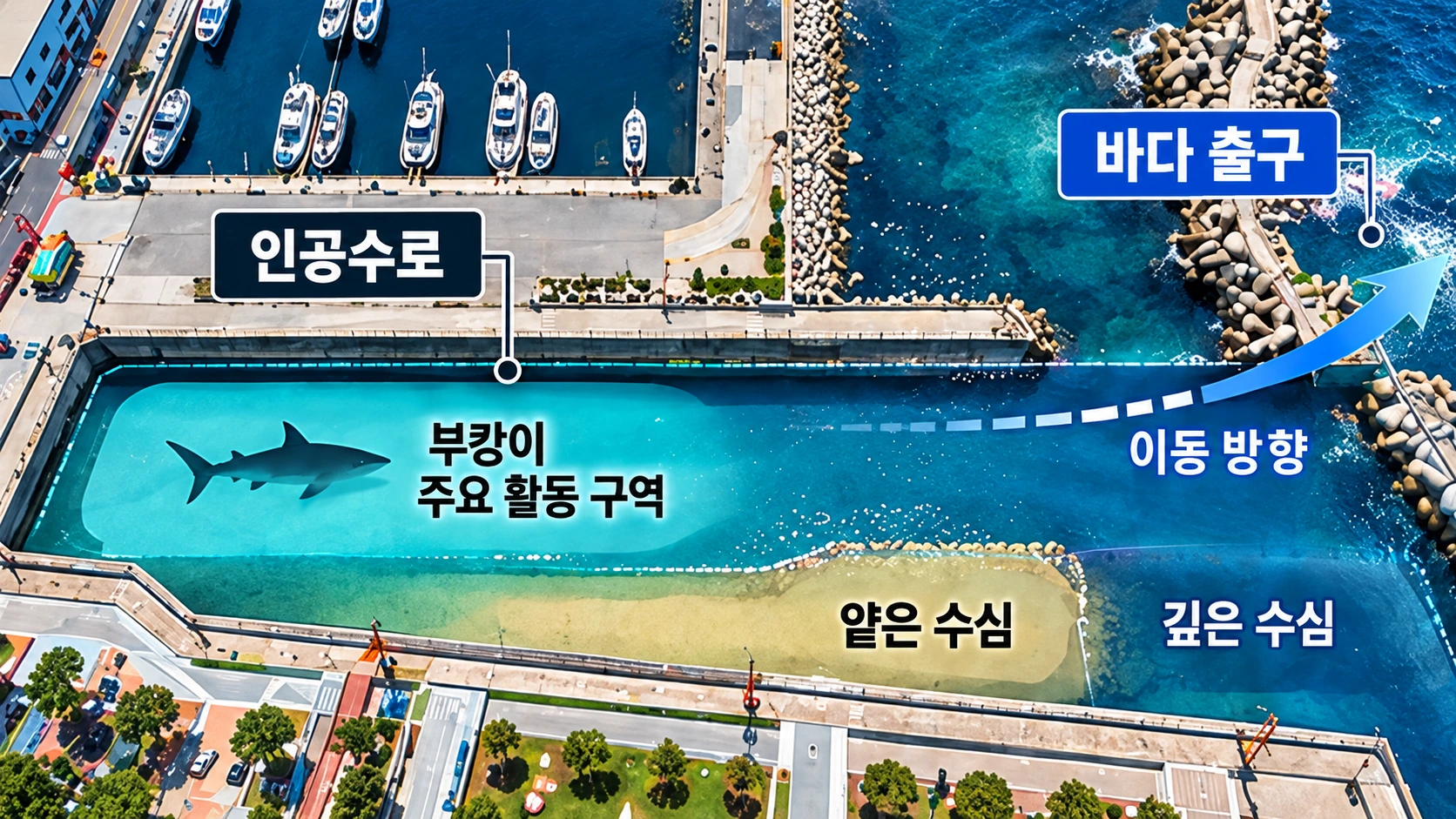 부산 북항 친수공원 인공수로와 외해 연결부를 보여주는 개념도와 흑상어 부캉이의 이동 방향