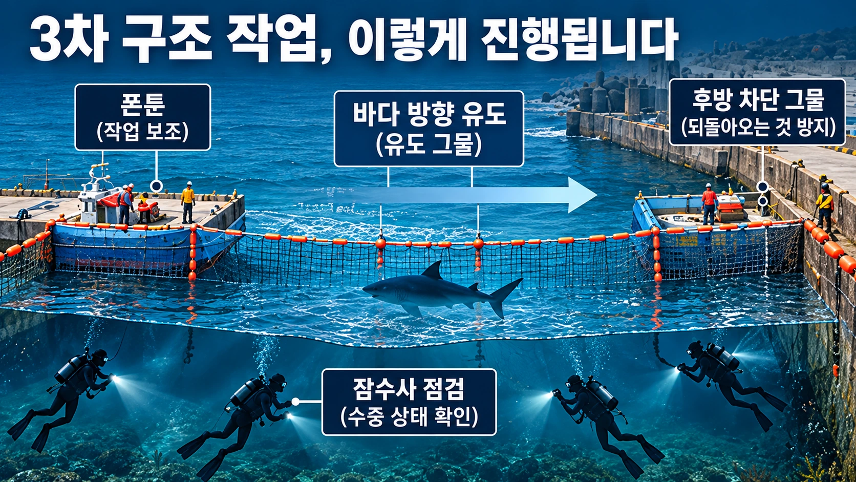 부캉이를 바다로 유도하기 위해 폰툰에 고정한 그물과 후방 차단 그물, 잠수사 및 관찰 장비의 역할을 설명한 구조 개념도