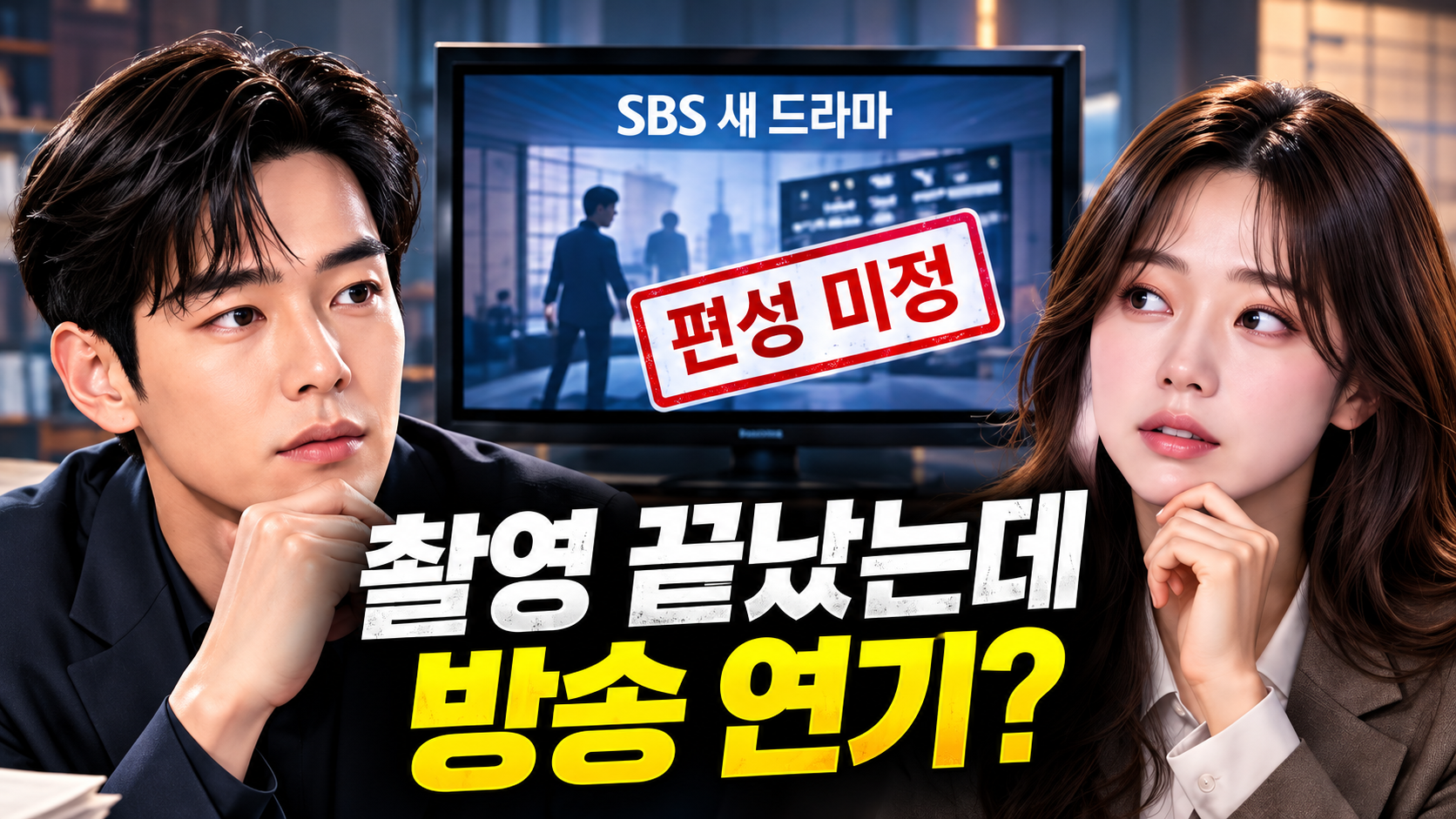 배우 하영과 이제훈을 중심으로 SBS 드라마 승산 있습니다의 편성 연기 상황을 표현한 뉴스 일러스트