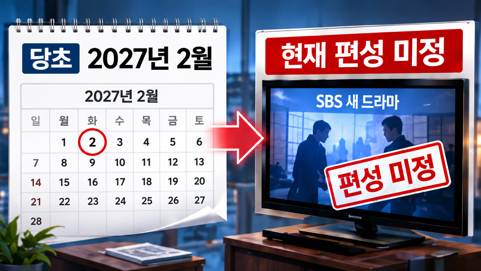 SBS 드라마 승산 있습니다의 당초 2027년 2월 방송 계획과 편성 연기 이후 미정 상태를 비교한 인포그래픽
