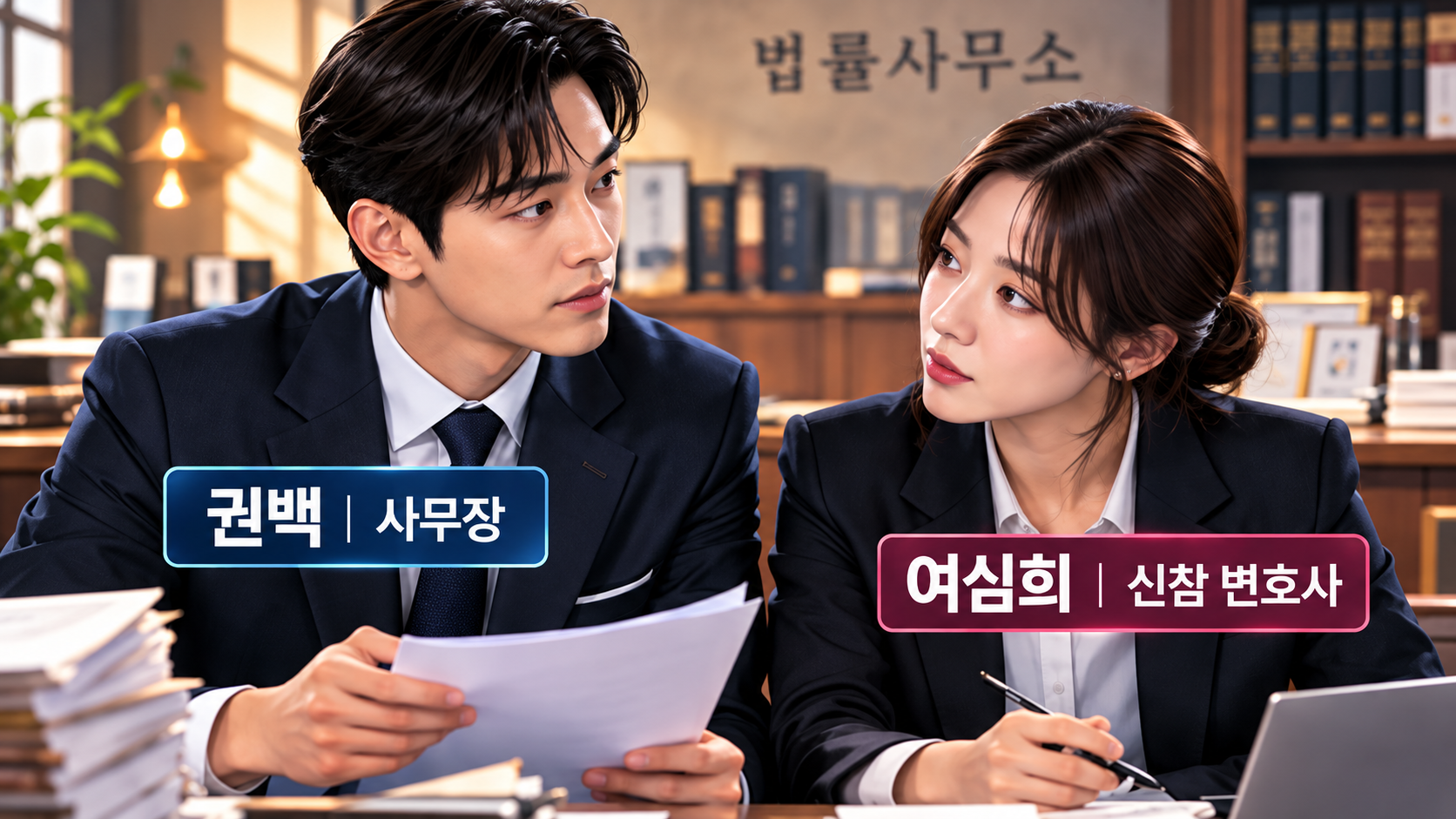 드라마 승산 있습니다에서 이제훈이 맡은 사무장 권백과 하영이 맡은 신참 변호사 여심희의 역할을 설명한 일러스트