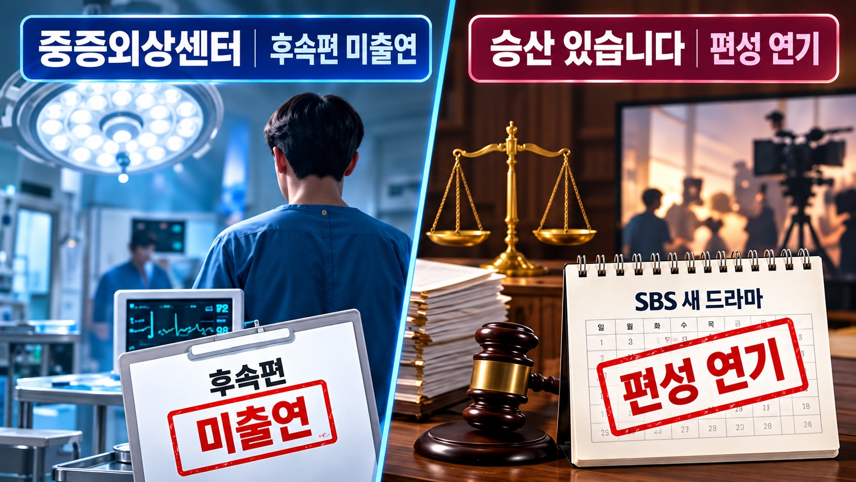 하영의 중증외상센터 후속 시즌 미출연과 승산 있습니다의 촬영 완료 후 편성 연기를 비교한 인포그래픽