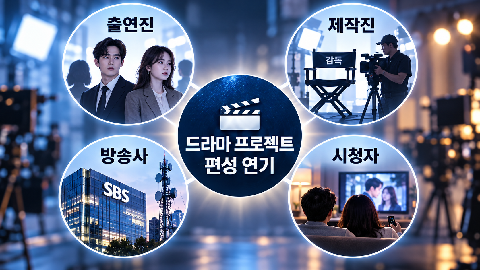 드라마 한 편의 방송 편성이 연기될 때 주연 배우와 제작진, 방송사, 시청자가 연결돼 영향을 받는 구조를 설명한 관계도
