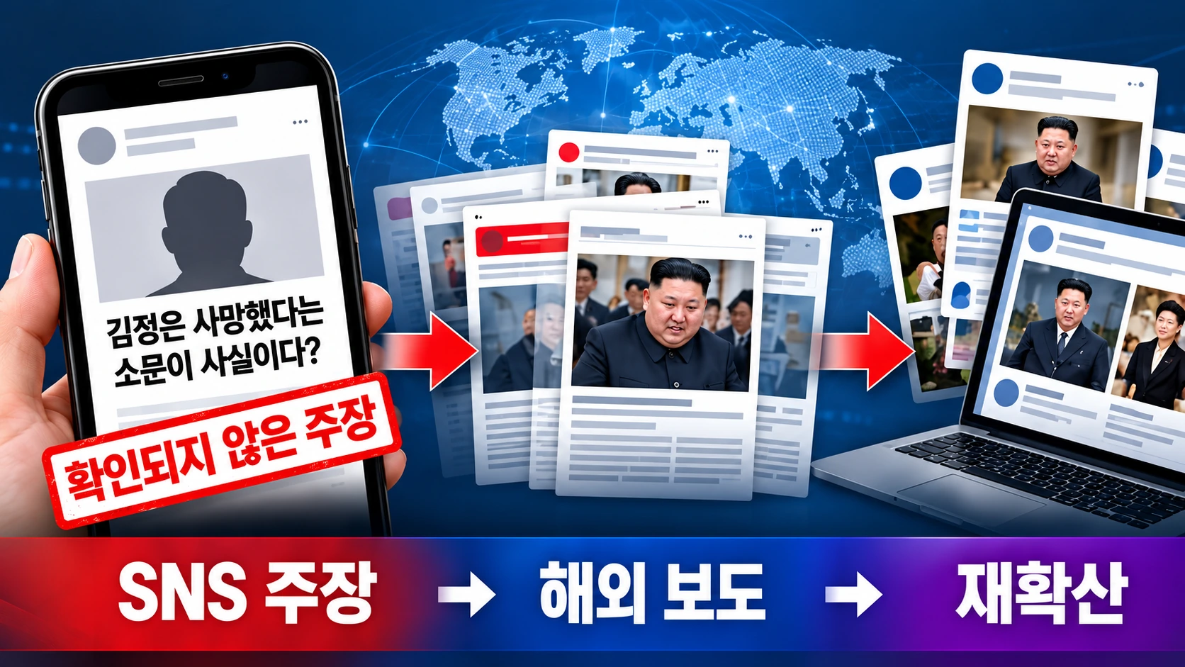 김정은 사망설이 해외 SNS 게시물에서 언론 보도와 온라인으로 확산되는 과정을 보여주는 흐름도