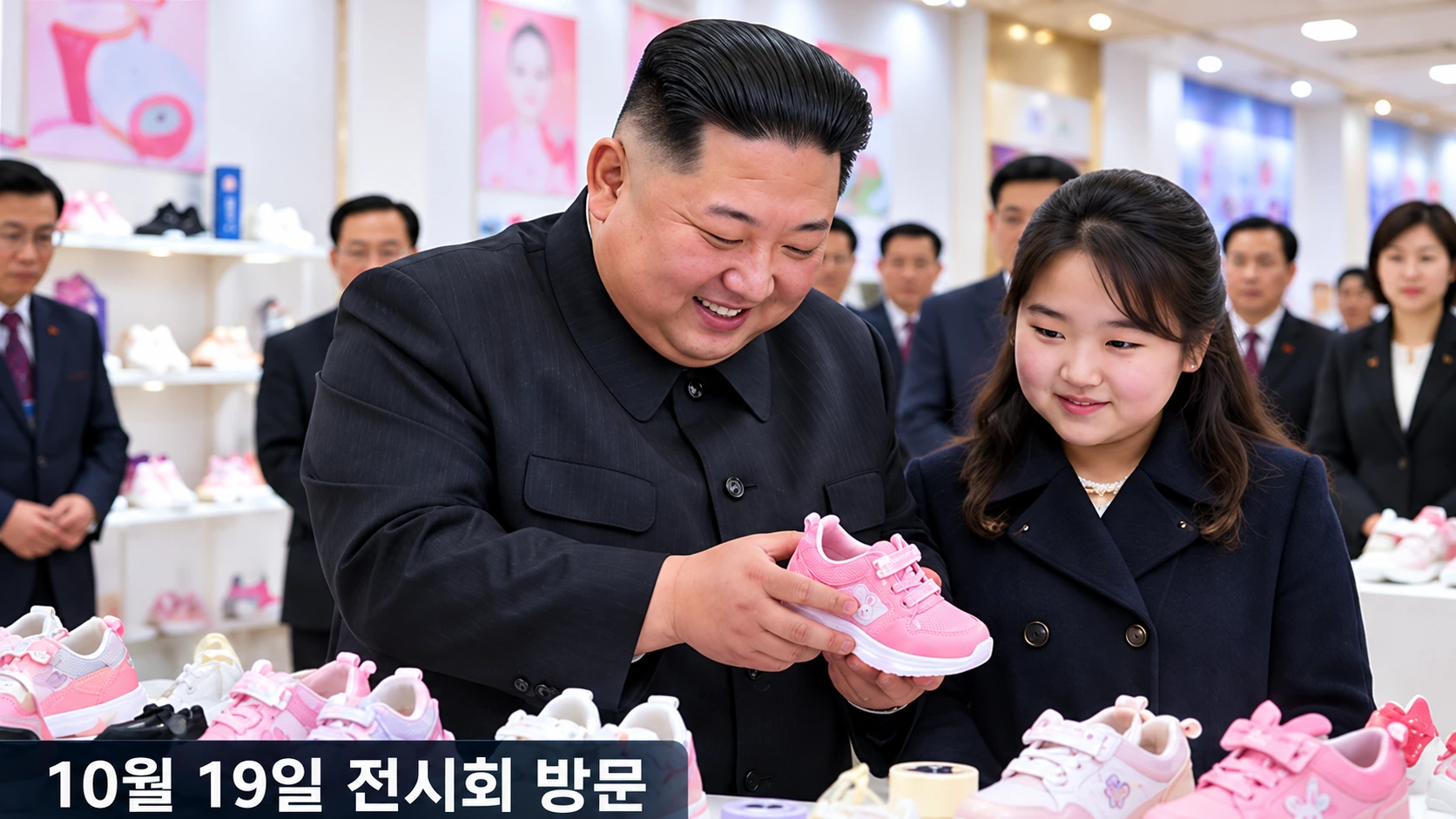 김정은이 딸 김주애와 함께 평양의 피복·신발 전시회에서 아동용 신발을 살펴보는 모습을 재구성한 일러스트