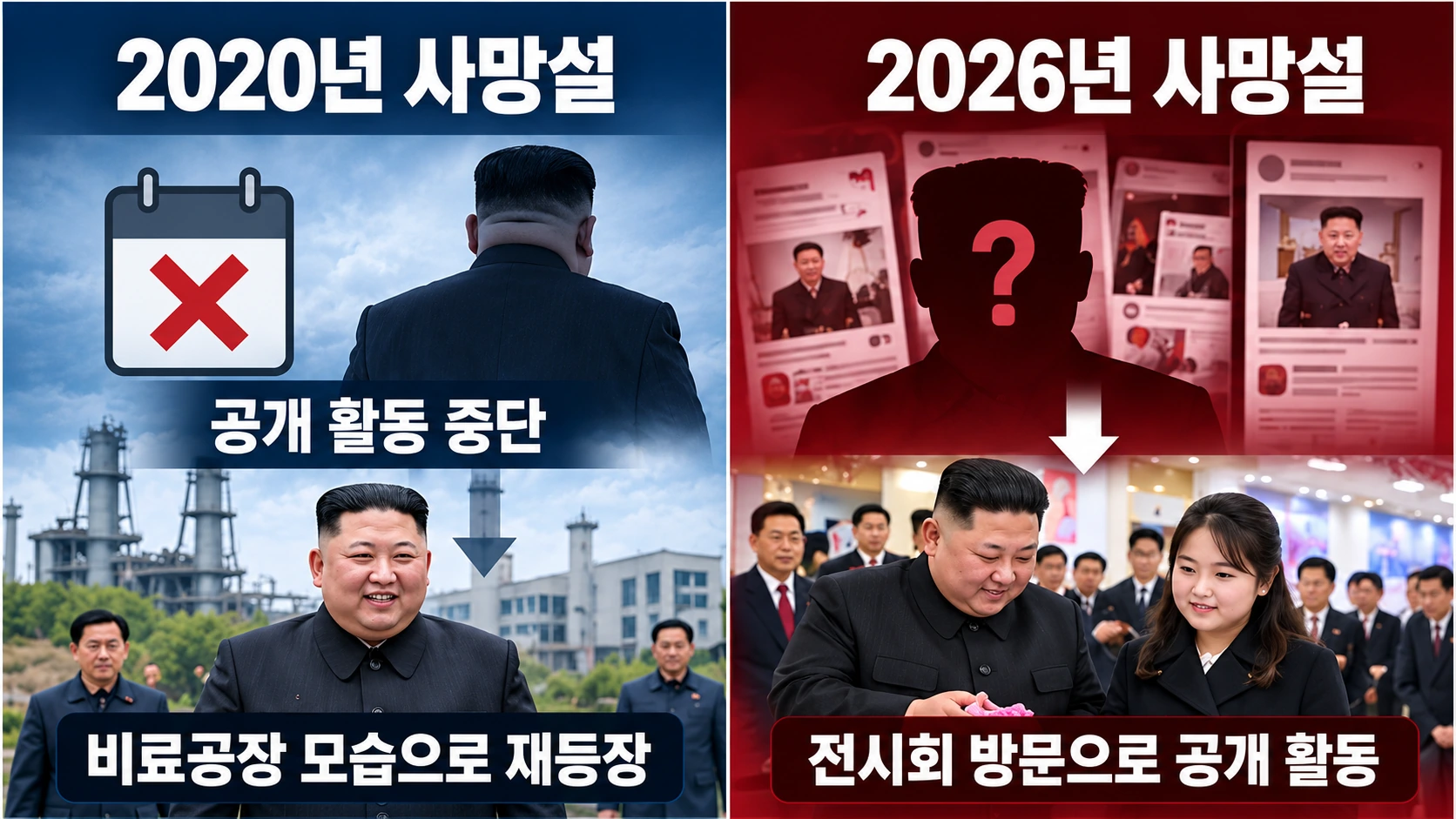 2020년 김정은 건강이상설 당시 비료공장 공개 활동과 2026년 전시회 방문 보도를 비교한 인포그래픽