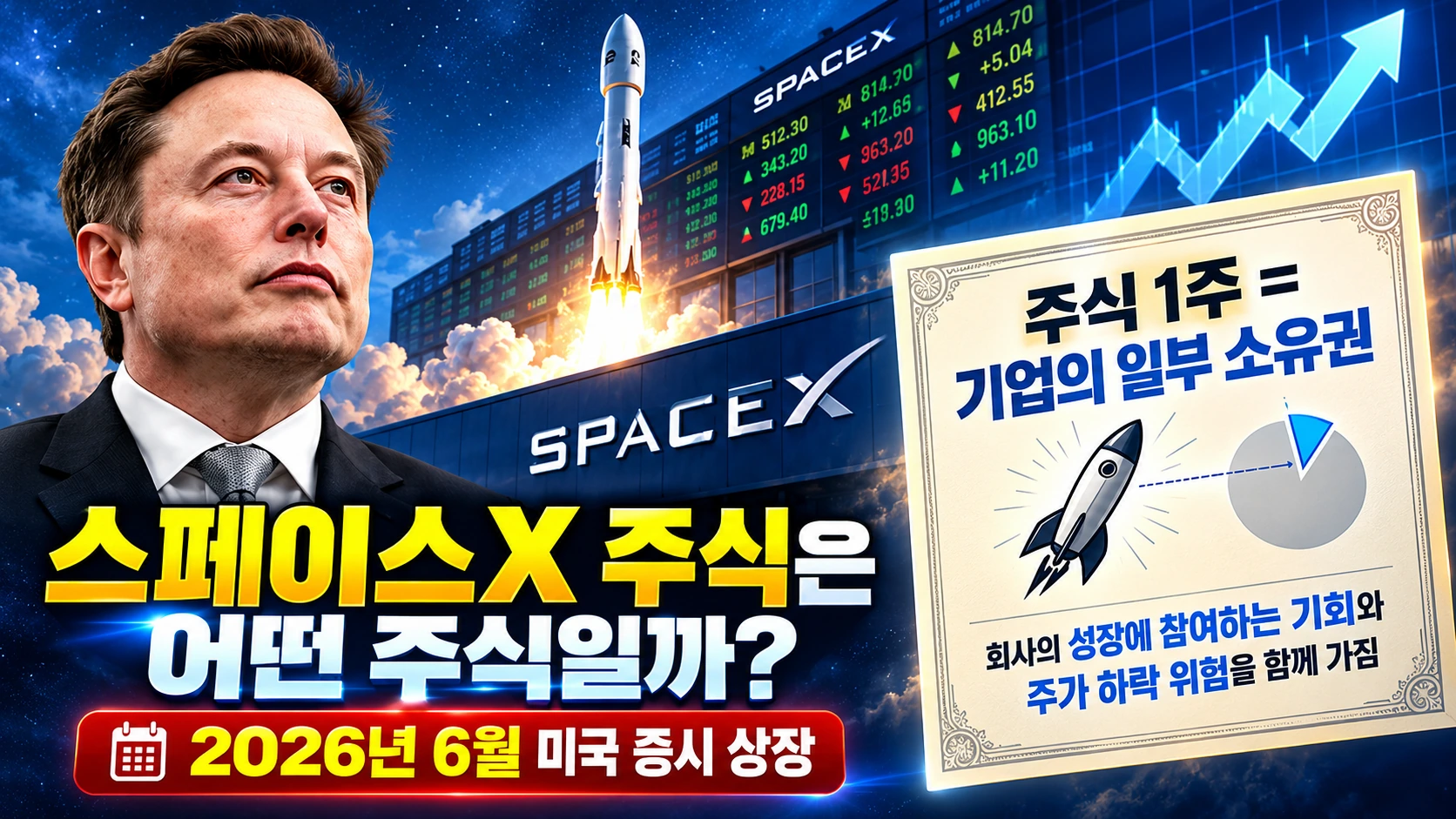 스페이스X의 2026년 증시 상장과 주식 소유자가 기업의 지분을 갖게 되는 개념을 설명한 인포그래픽