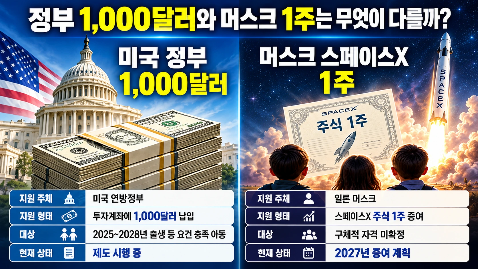 미국 정부의 트럼프 계좌 1000달러 지원과 머스크의 스페이스X 주식 한 주 증여 계획을 비교한 인포그래픽