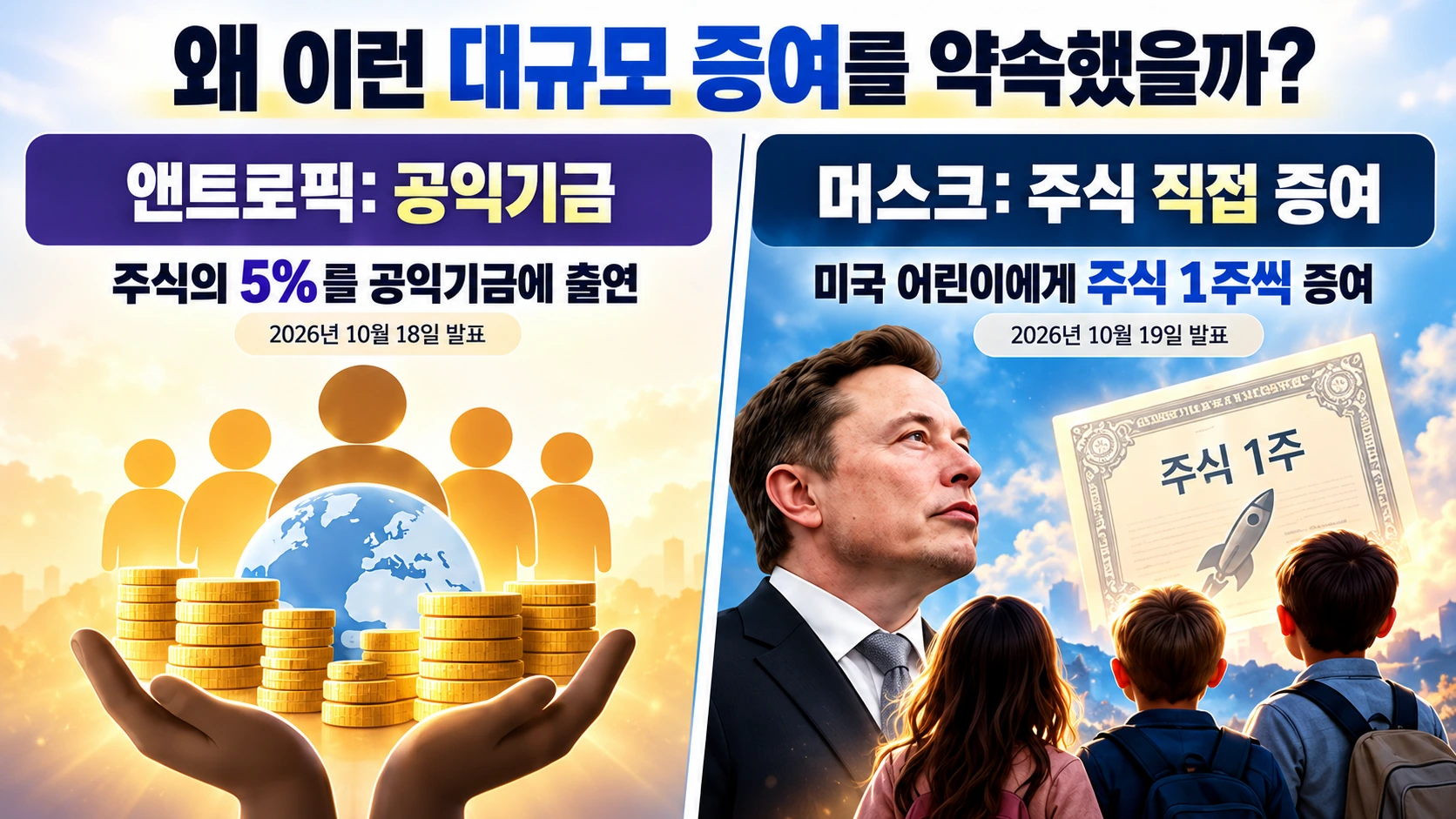 앤트로픽의 공익기금 주식 출연 발표와 머스크의 미국 어린이 직접 주식 증여 계획을 비교한 일러스트