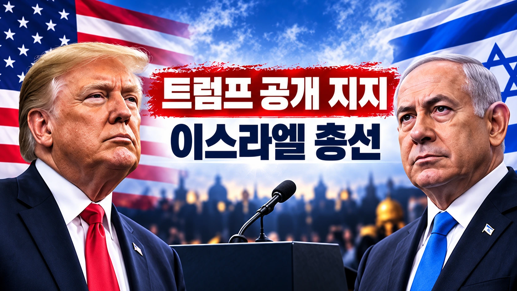 트럼프 미국 대통령의 공개 지지와 네타냐후 이스라엘 총리의 선거운동 관계를 표현한 국제정치 일러스트