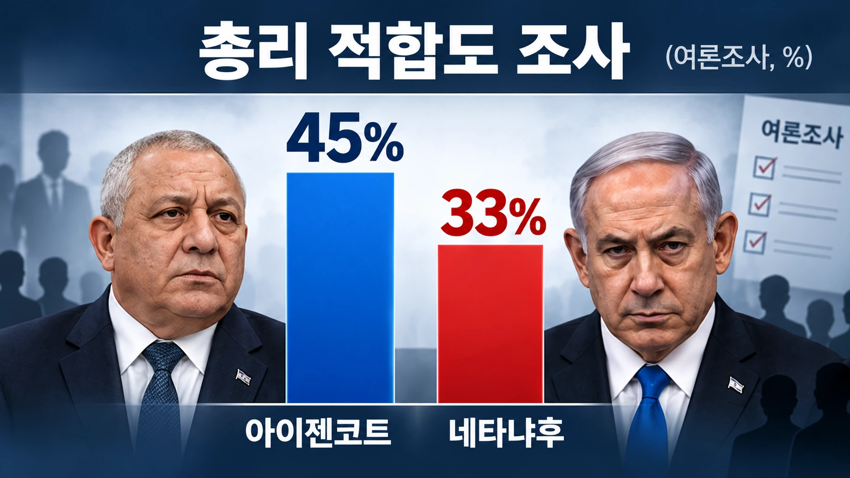 이스라엘 채널12의 총리 적합도 조사에서 가디 아이젠코트 45%와 네타냐후 33%를 비교한 막대그래프