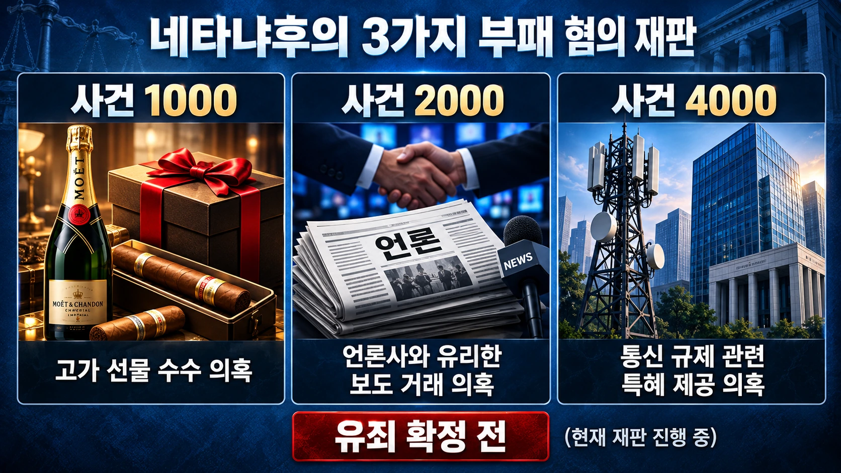 네타냐후가 기소된 사건 1000의 고가 선물 의혹, 사건 2000의 언론 보도 거래 의혹, 사건 4000의 통신 규제 특혜 의혹을 비교한 인포그래픽