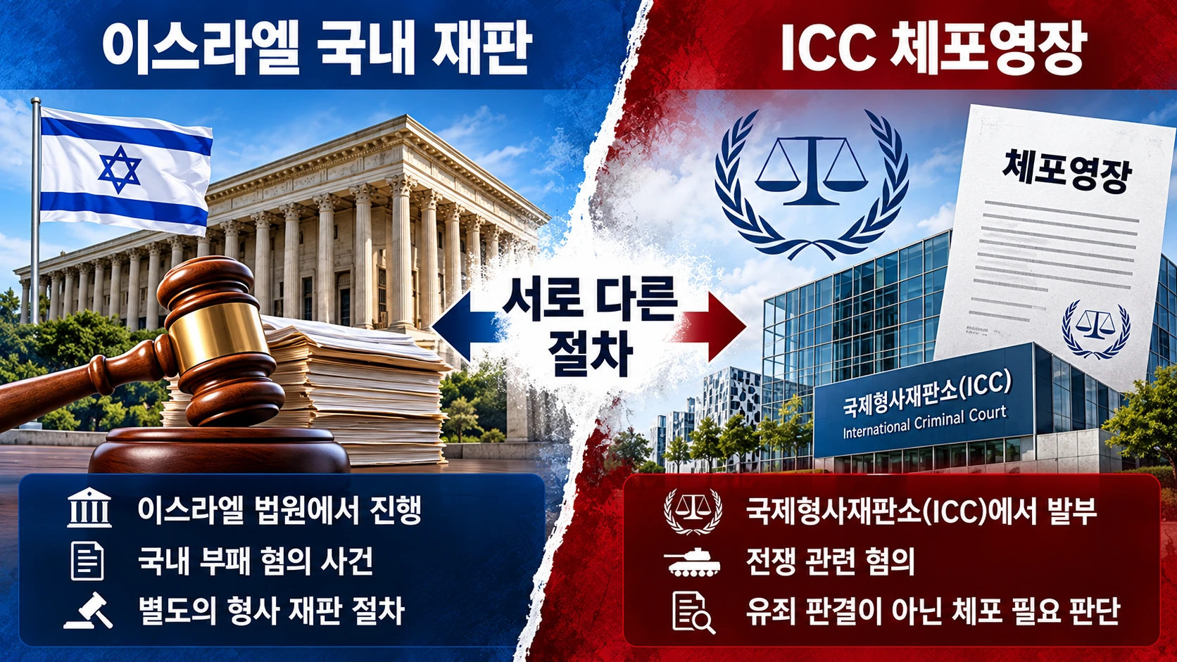 이스라엘 국내 부패 재판과 국제형사재판소 ICC의 체포영장이 서로 다른 법적 절차임을 비교한 인포그래픽