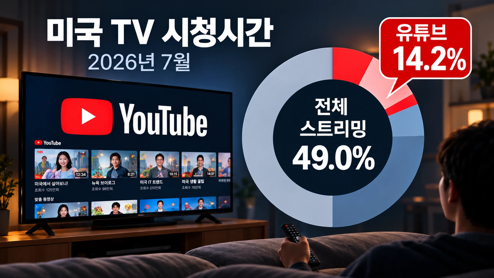 미국 TV 시청시간에서 유튜브가 차지하는 비중이 2026년 7월 14.2%까지 상승한 모습을 보여주는 인포그래픽