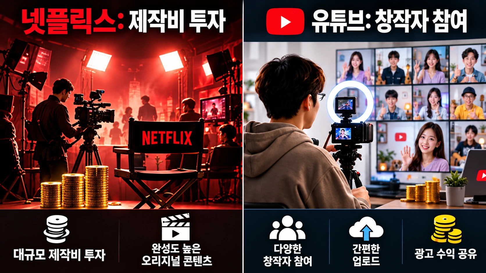 넷플릭스의 대규모 콘텐츠 제작 투자 구조와 유튜브의 크리에이터 중심 수익배분 구조를 비교한 인포그래픽