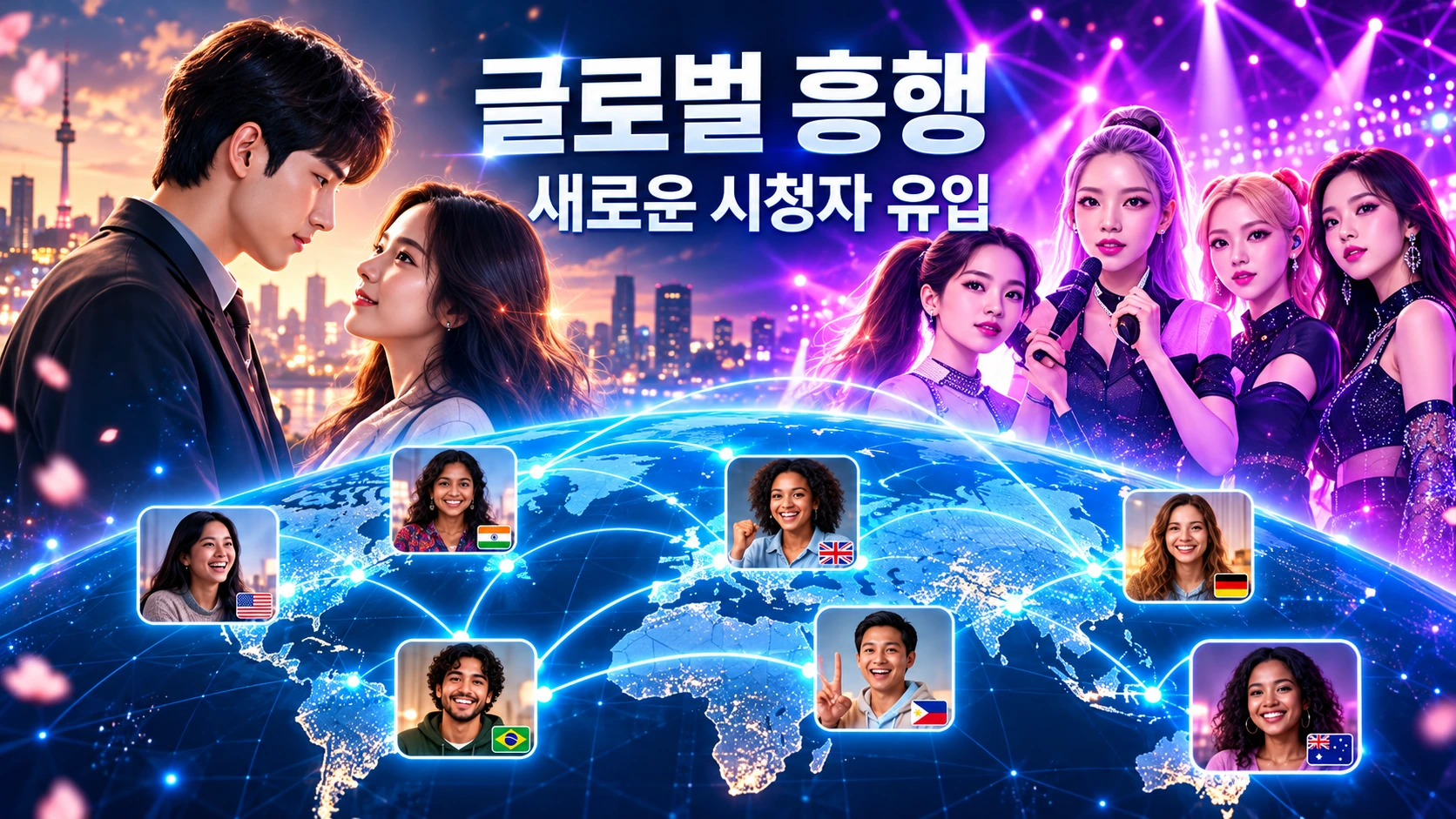 한국 드라마와 K팝 소재 애니메이션 등 글로벌 흥행 콘텐츠가 넷플릭스의 세계 시청자를 끌어들이는 모습을 표현한 일러스트