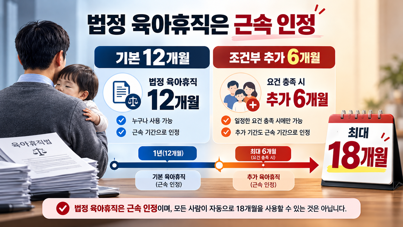 법정 육아휴직 기본 1년과 조건부 추가 6개월 및 근속기간 인정 구조를 설명한 인포그래픽