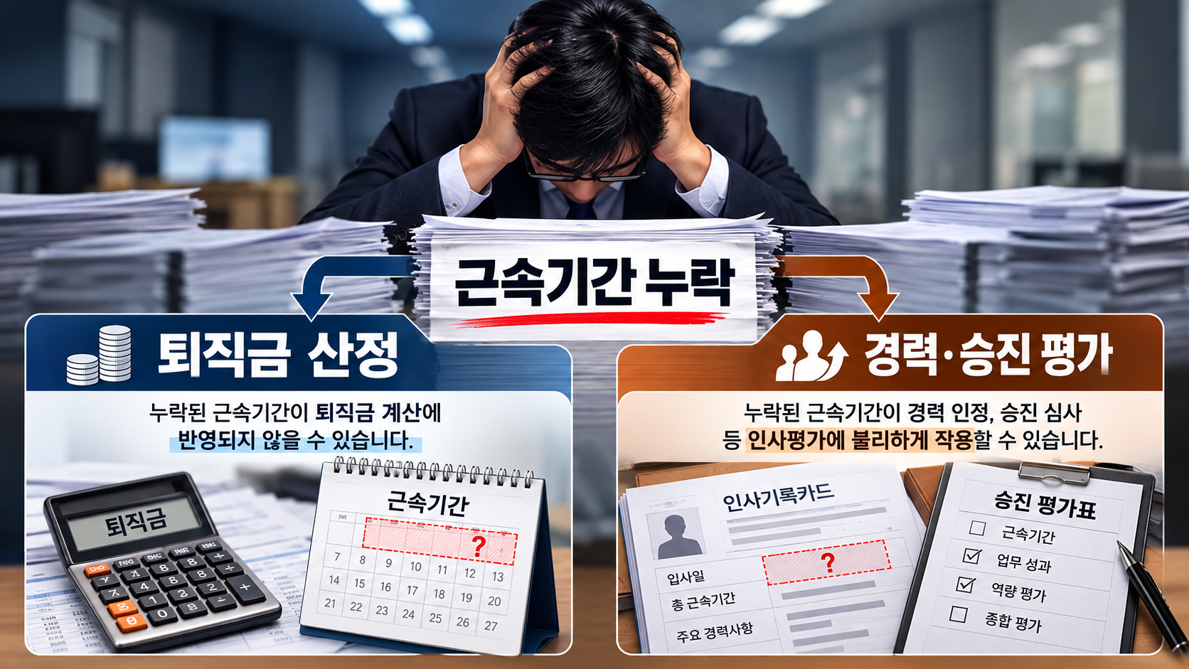 육아휴직 근속기간 누락이 퇴직금 산정과 경력평점 및 승진 심사에 영향을 줄 수 있는 과정을 설명한 흐름도