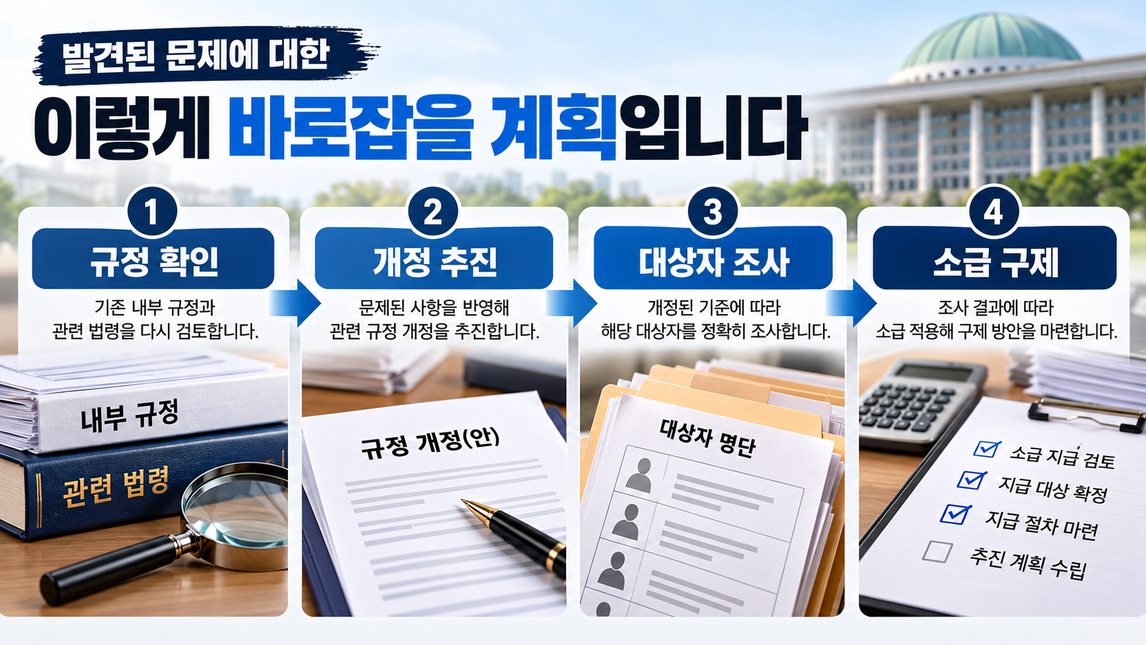정부출연연구기관의 육아휴직 규정 정비와 과거 대상자 조사 및 소급 구제 추진 과정을 설명한 인포그래픽