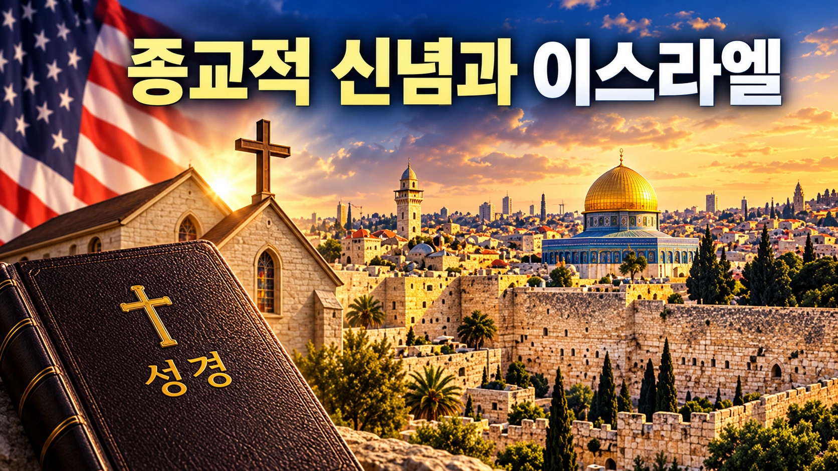 미국의 기독교 문화와 이스라엘에 대한 종교적 지지를 상징하는 성경, 교회, 예루살렘 도시 풍경을 구성한 일러스트