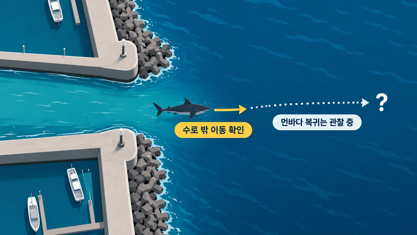 수로 안쪽과 제1부두 앞 해상, 아직 확인되지 않은 먼바다 이동을 구분한 개념도