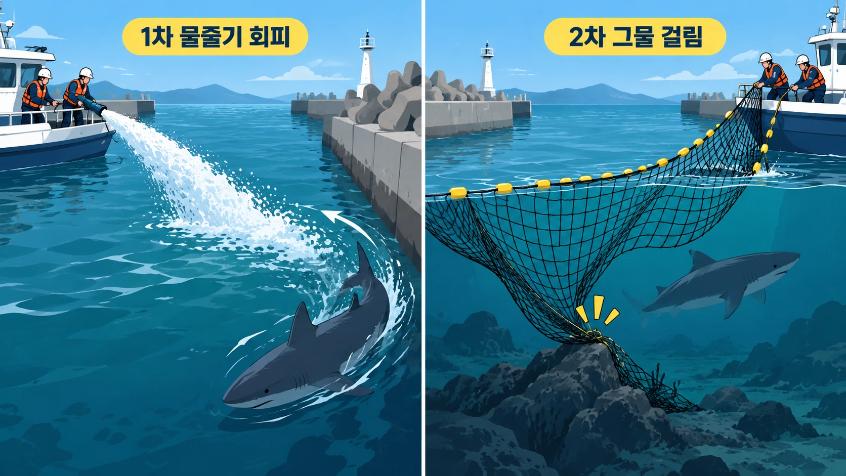 물줄기를 피해 이동한 1차 시도와 그물이 바닥 장애물에 걸린 2차 시도를 비교한 그림