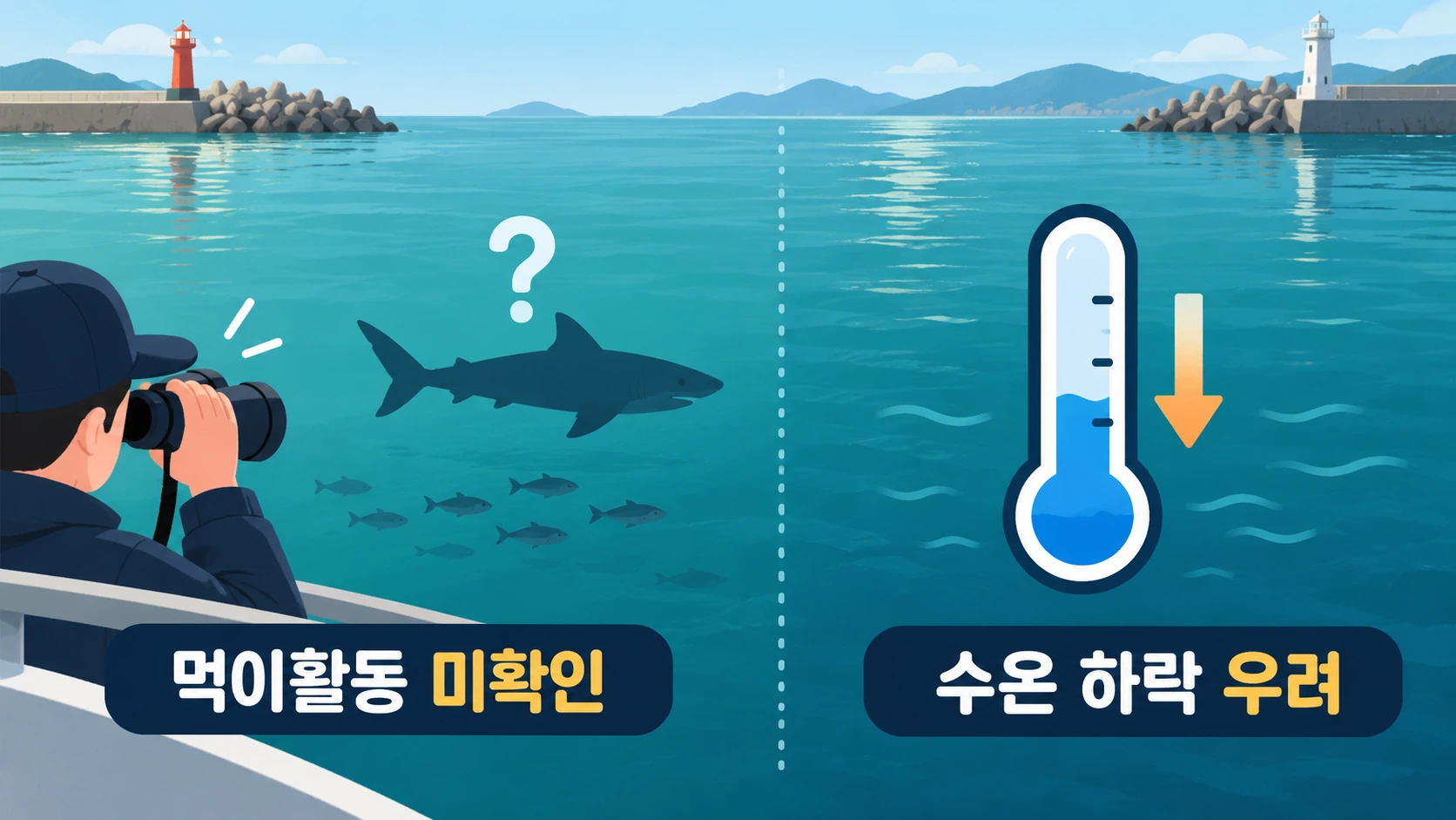 부캉이의 장기 체류에서 우려된 먹이활동 미확인과 수온 하락을 설명한 그림