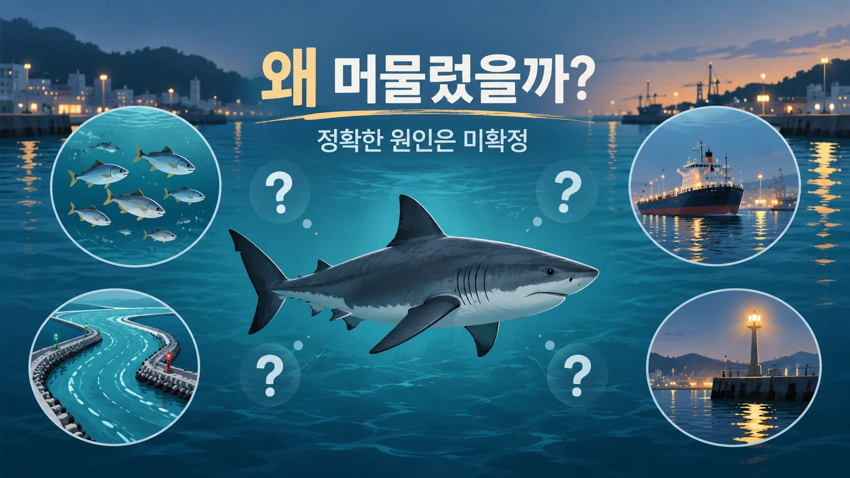 부캉이의 수로 체류 원인으로 거론된 먹이 추적과 주변 환경의 영향을 가능성으로 구분한 그림