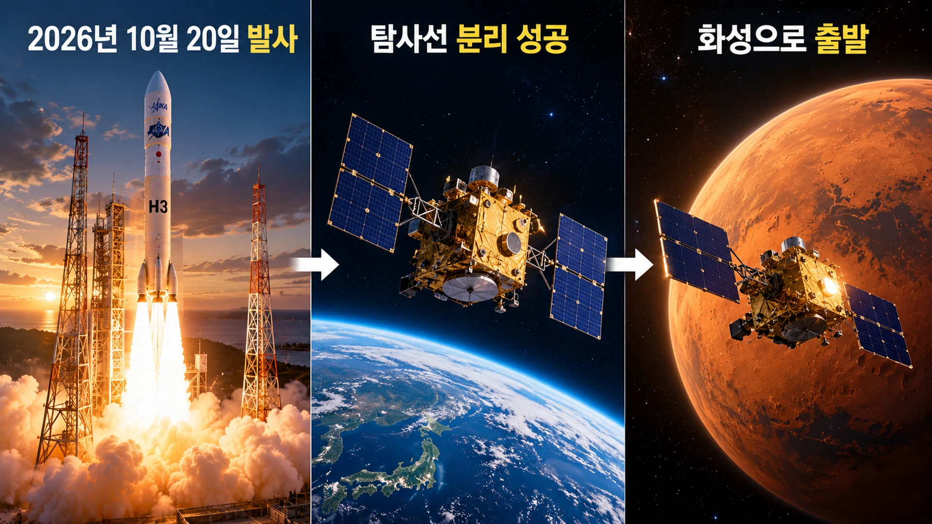 일본 H3 로켓이 MMX 탐사선을 발사하고 우주에서 탐사선을 분리하는 과정을 보여주는 인포그래픽