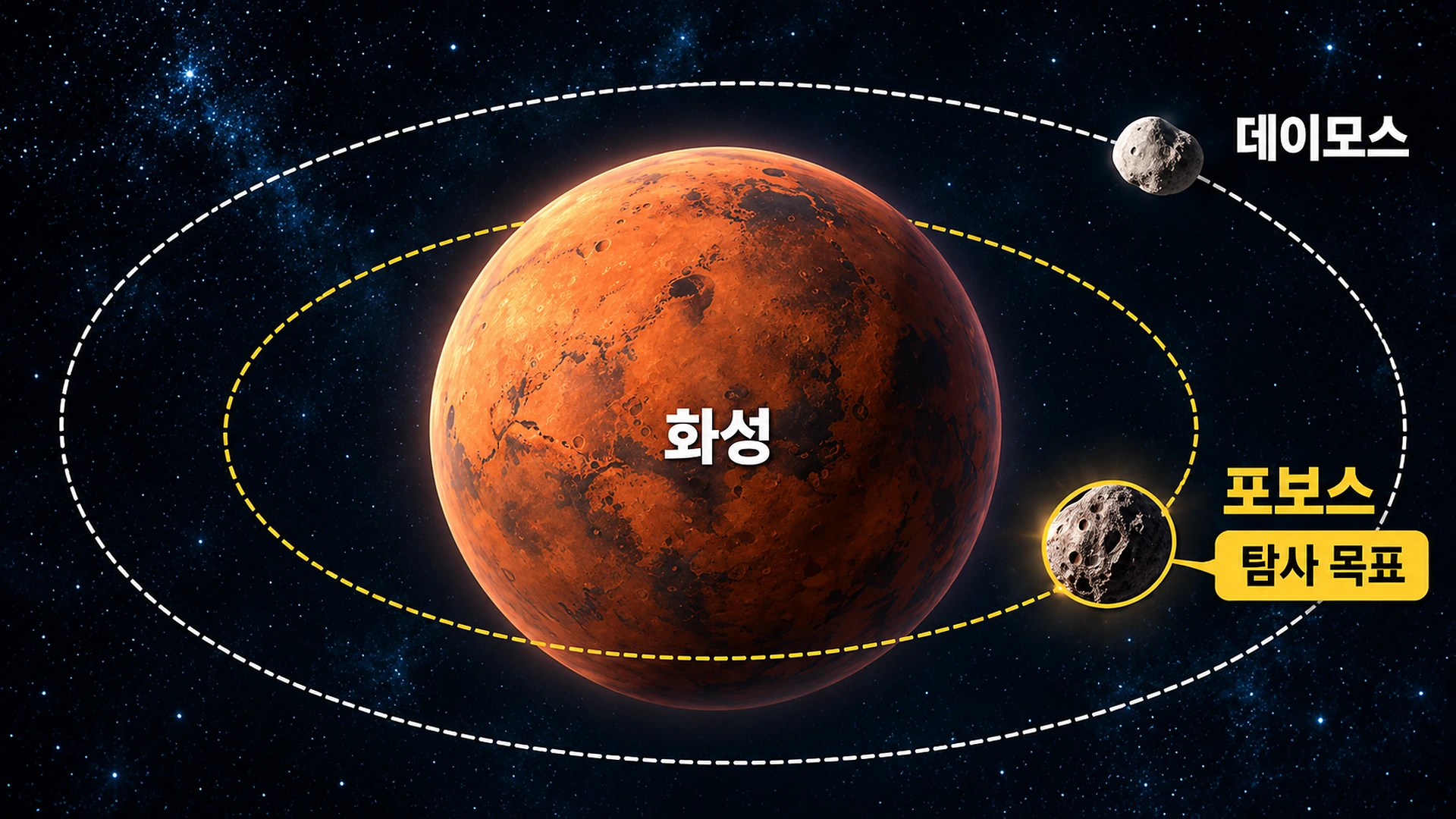 화성 주변을 공전하는 두 위성 포보스와 데이모스의 크기와 궤도 차이를 설명하는 인포그래픽