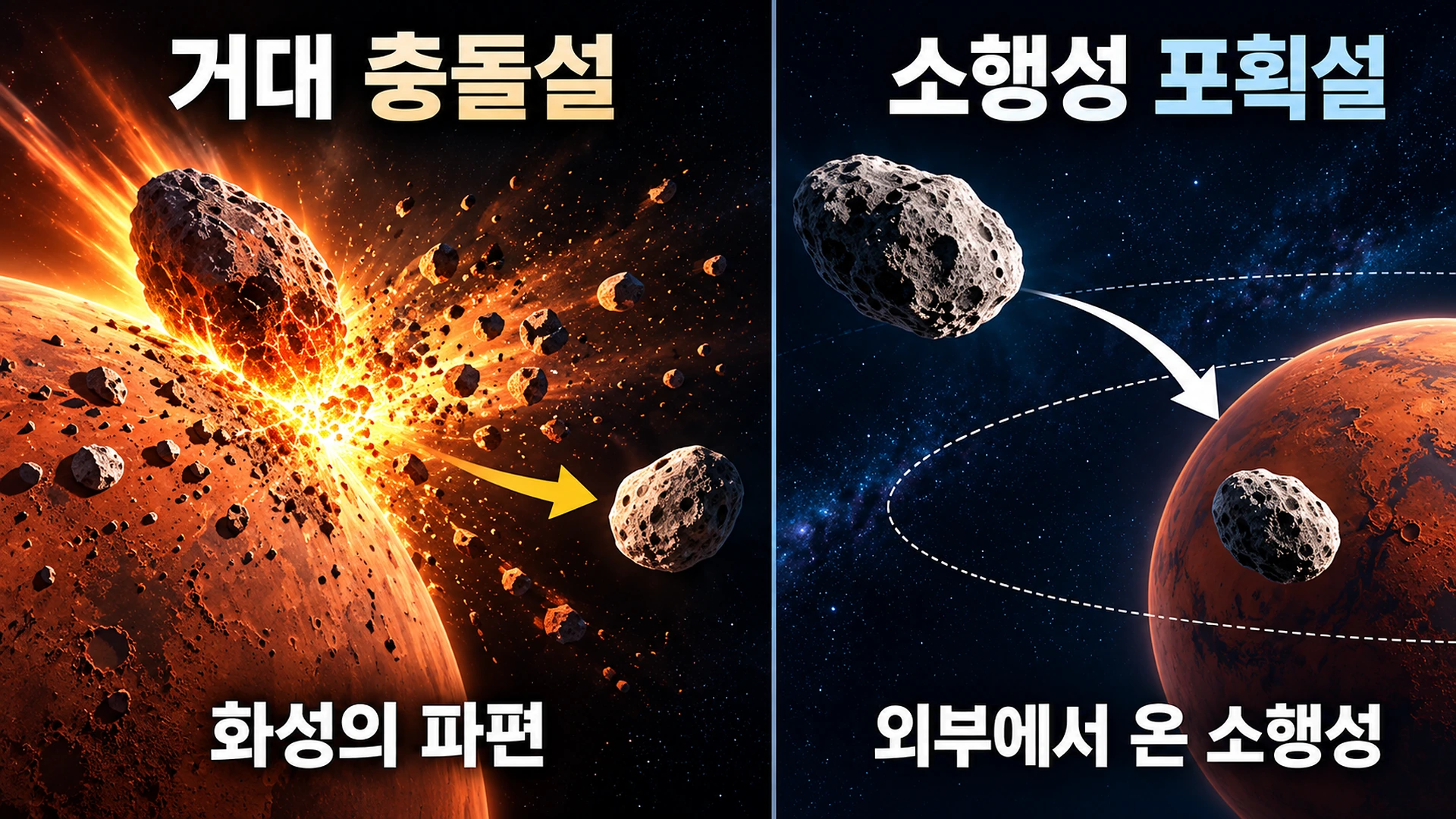 포보스의 기원을 설명하는 화성 거대 충돌설과 소행성 포획설을 좌우로 비교한 과학 인포그래픽
