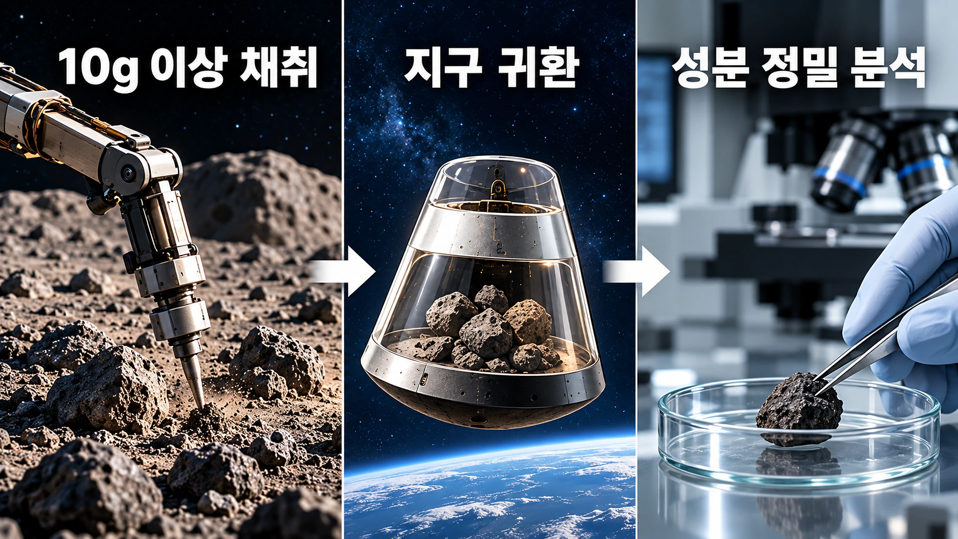 포보스에서 채취한 흙 10g 이상을 지구로 가져와 광물과 원소 성분을 분석하는 과정을 보여주는 인포그래픽