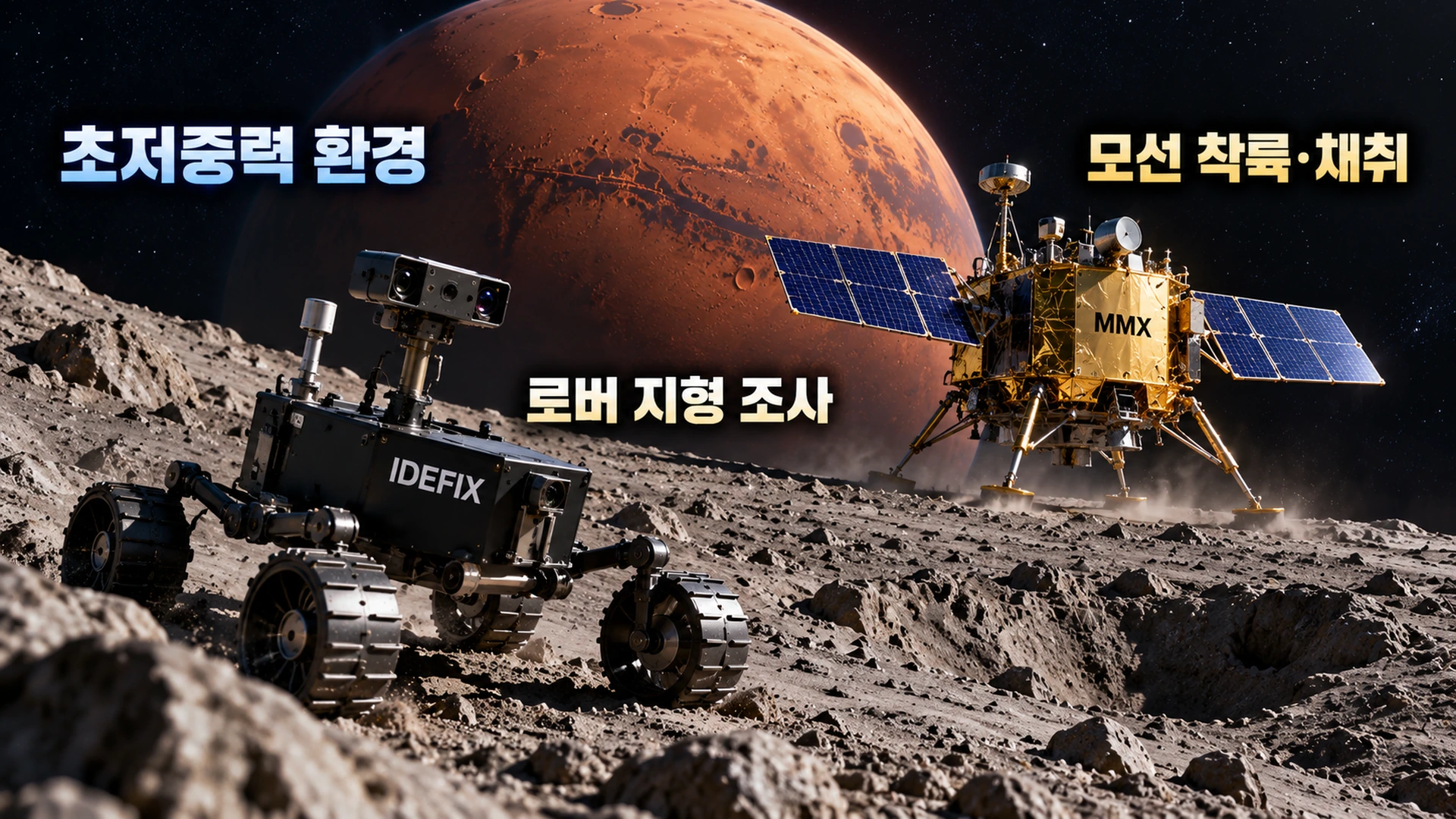 미세중력 환경의 포보스 표면에서 이데픽스 탐사 로버와 MMX 탐사선이 조사 및 흙 채취를 수행할 계획을 보여주는 개념도