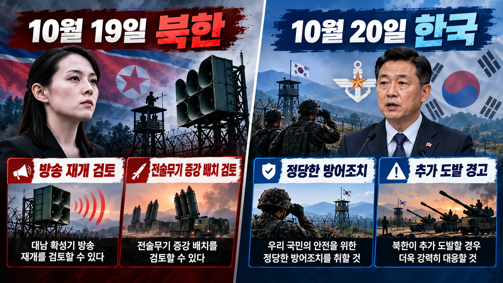 2026년 10월 19일 김여정의 대남 확성기 재개 검토 발언과 20일 한국 국방부의 대응을 비교한 인포그래픽