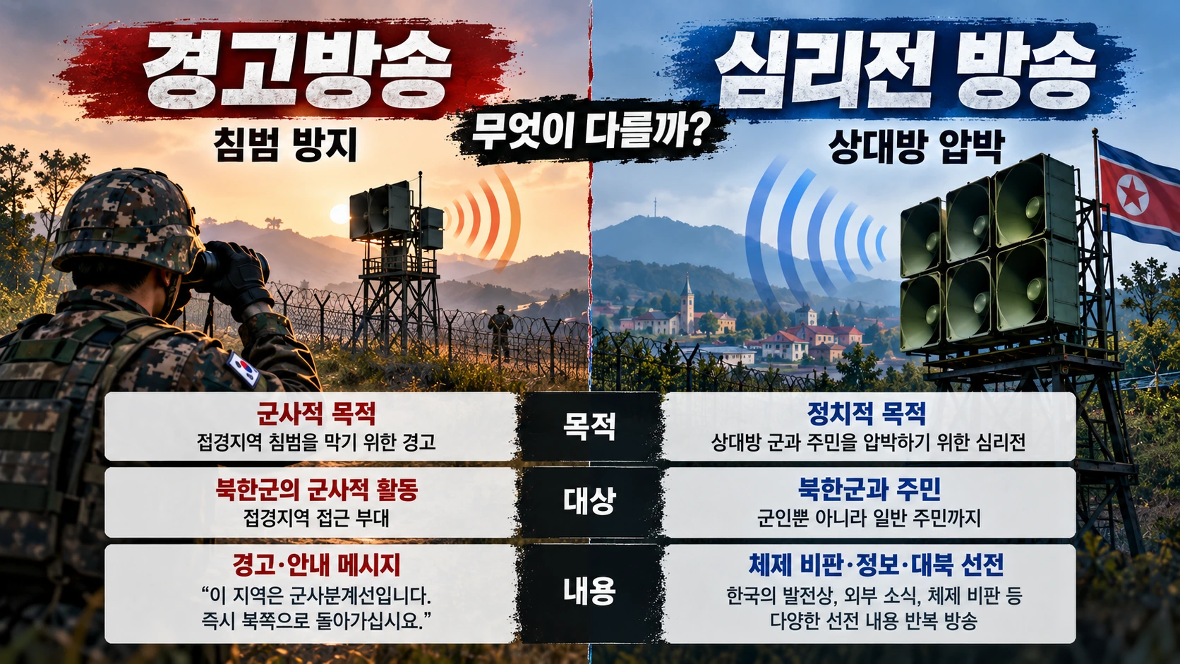 군사분계선 침범을 알리는 한국군 경고방송과 상대방을 대상으로 한 대남·대북 심리전 확성기 방송의 차이를 비교한 그림