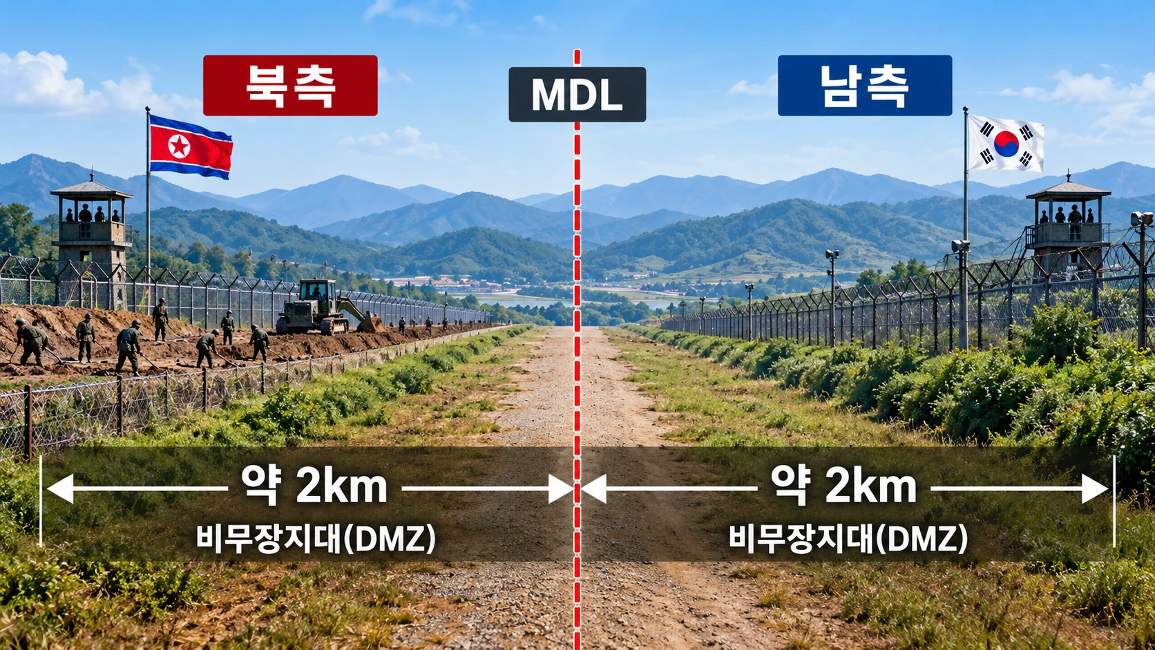 남북 군사분계선 MDL을 중심으로 북쪽과 남쪽 각각 약 2km에 걸쳐 비무장지대가 형성된 구조를 설명한 도식