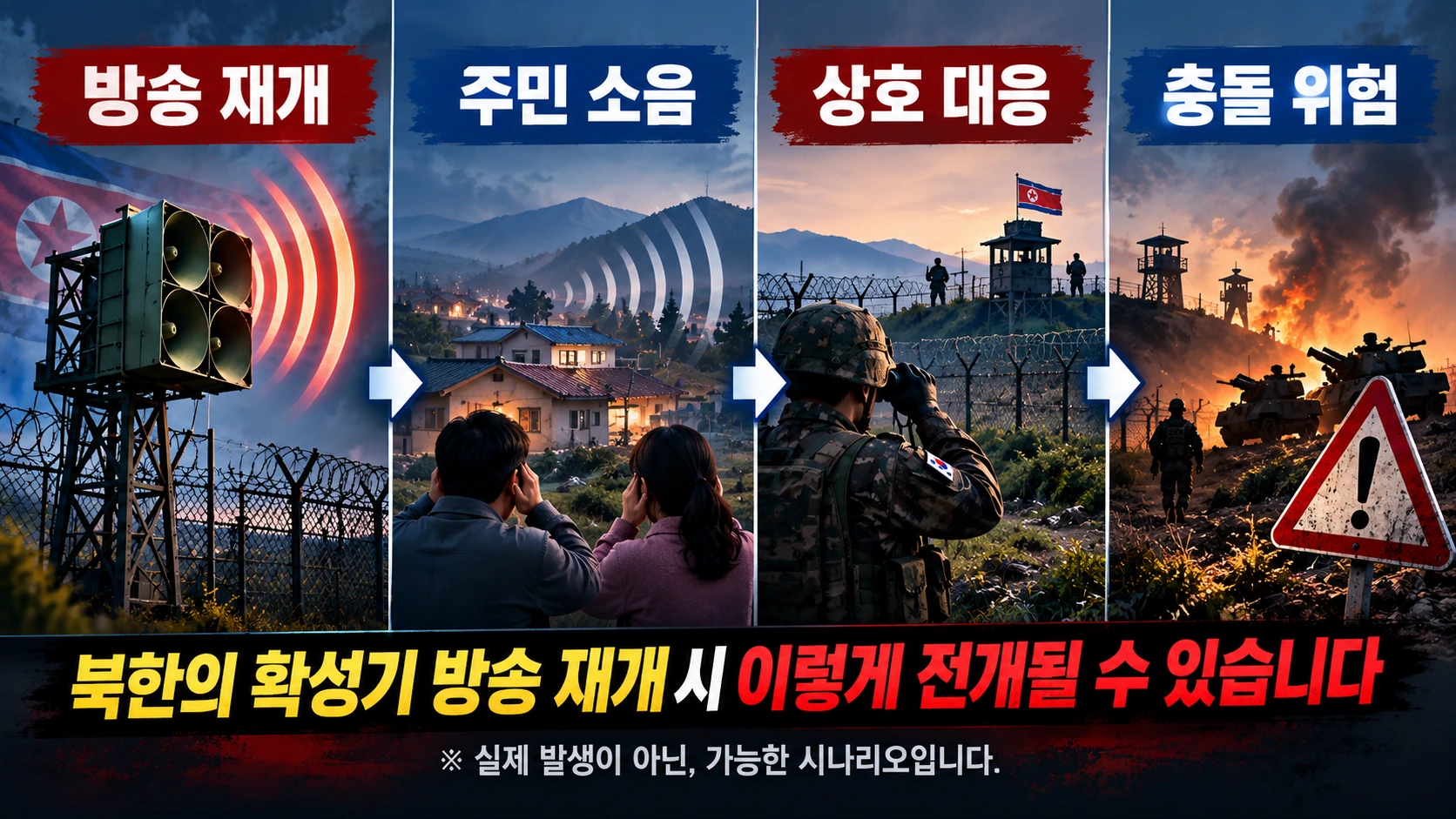 북한의 대남 확성기 방송 재개 시 접경지역 소음과 군사적 긴장이 높아질 수 있는 과정을 단계별로 보여주는 인포그래픽